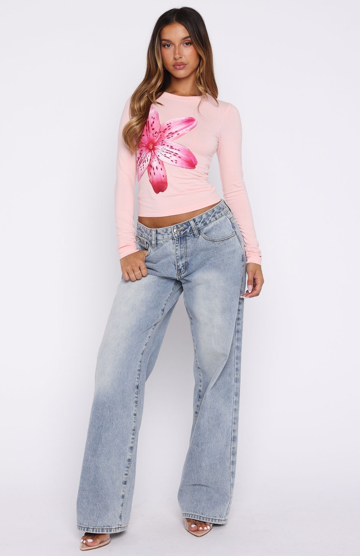 White Fox Flower Beds Long Sleeve Baby Tee Baby Pink