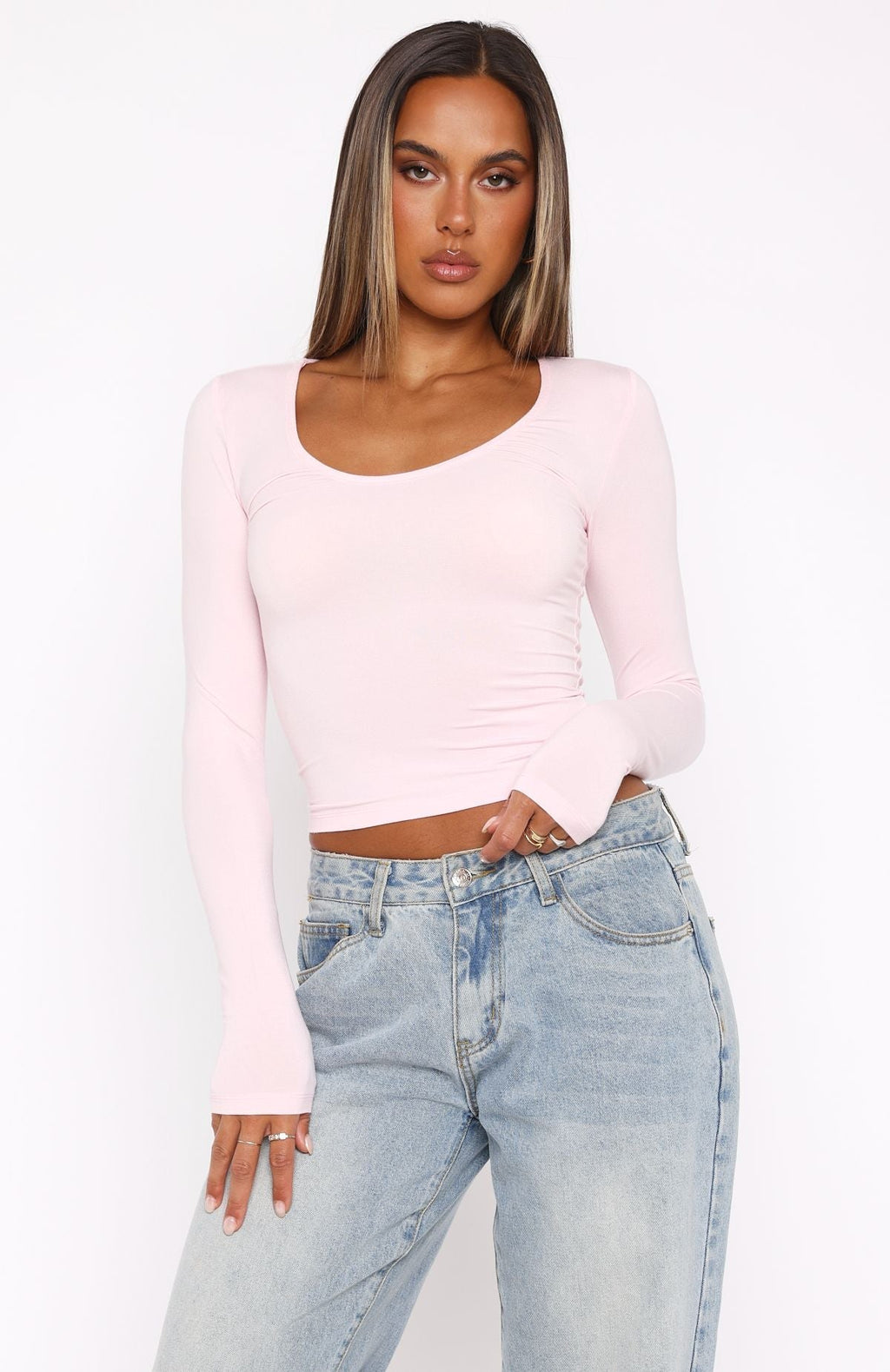 White Fox Show You The World Long Sleeve Top Baby Pink