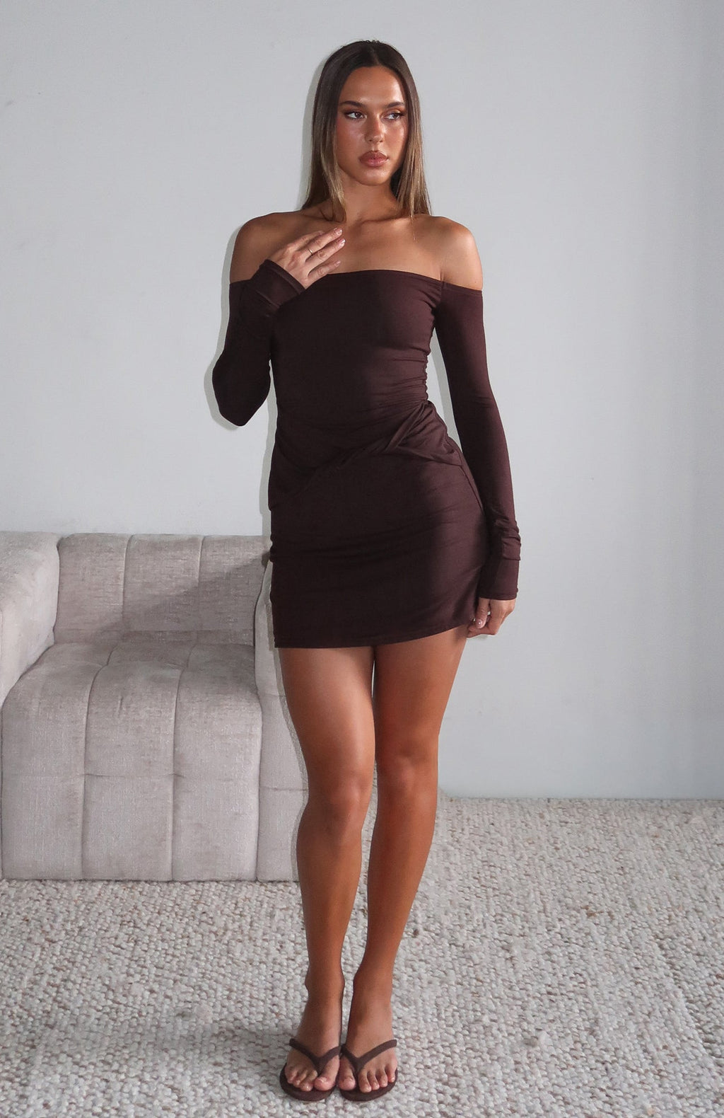 White Fox Pure Instinct Long Sleeve Mini Dress Dark Chocolate
