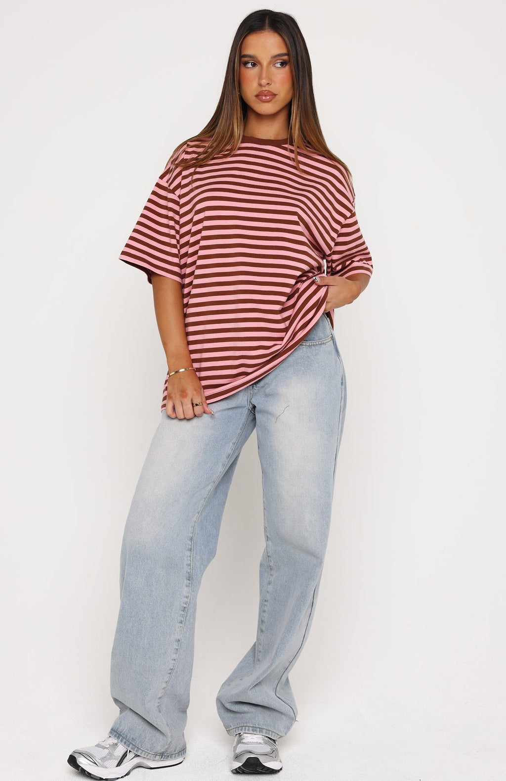 White Fox Touchdown Oversized Tee Brown/Pink Stripe