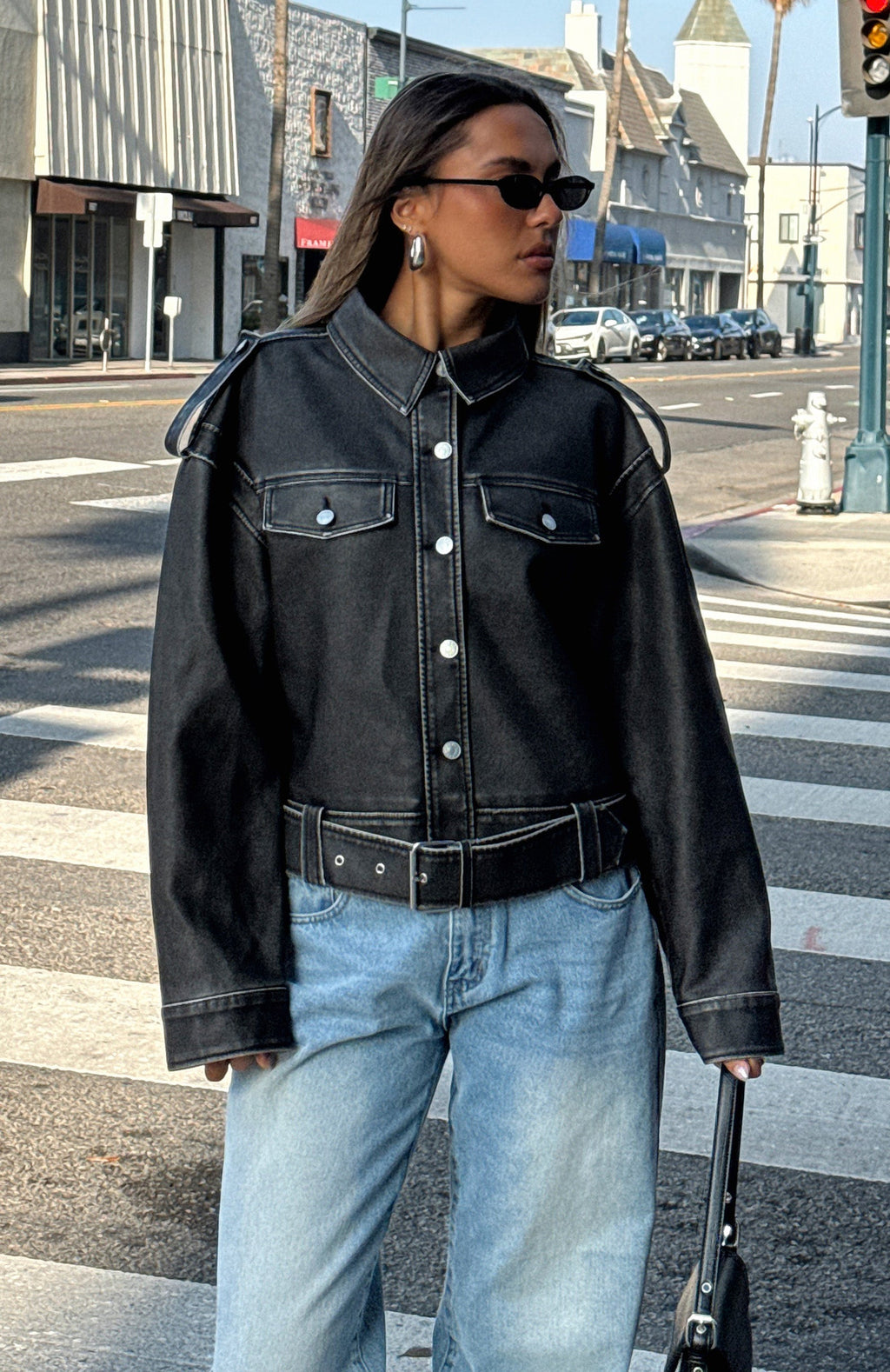 White Fox In This World PU Biker Jacket Charcoal Wash