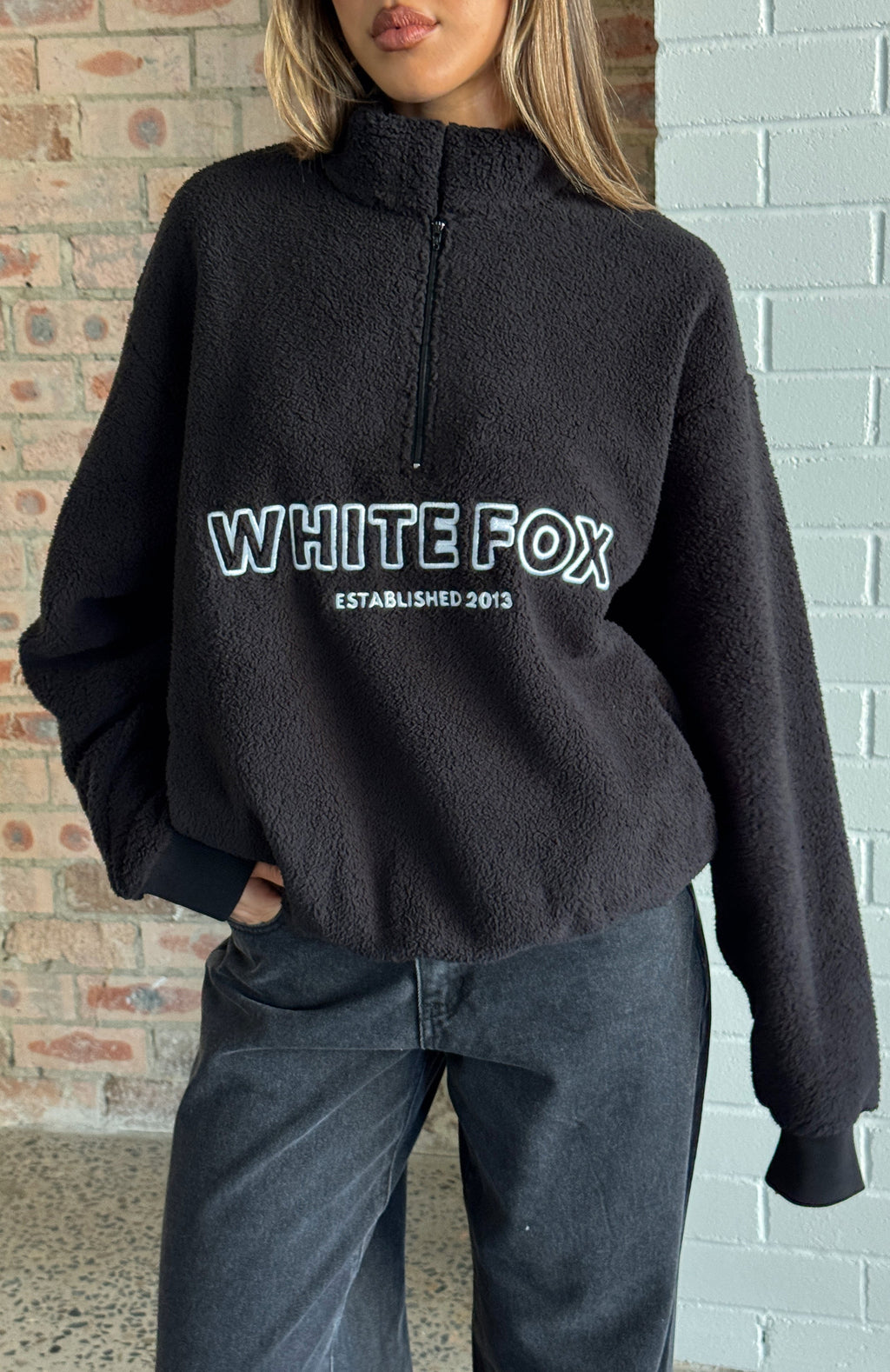 White Fox Hard To Stay Focused Teddy Borg Zip Front Sweater Black