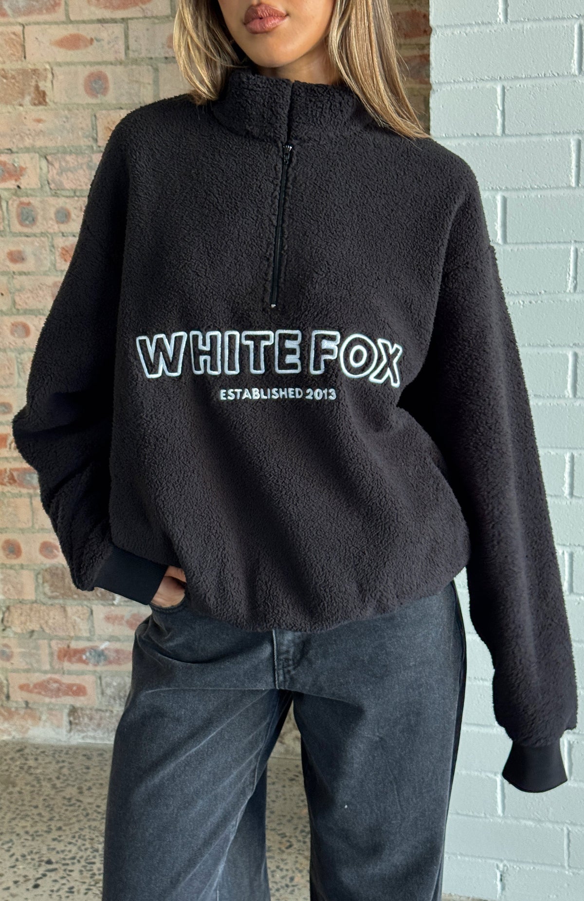 White Fox Hard To Stay Focused Teddy Borg Zip Front Sweater Black