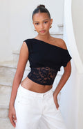 White Fox Mesmerised Eyes Off Shoulder Top Black