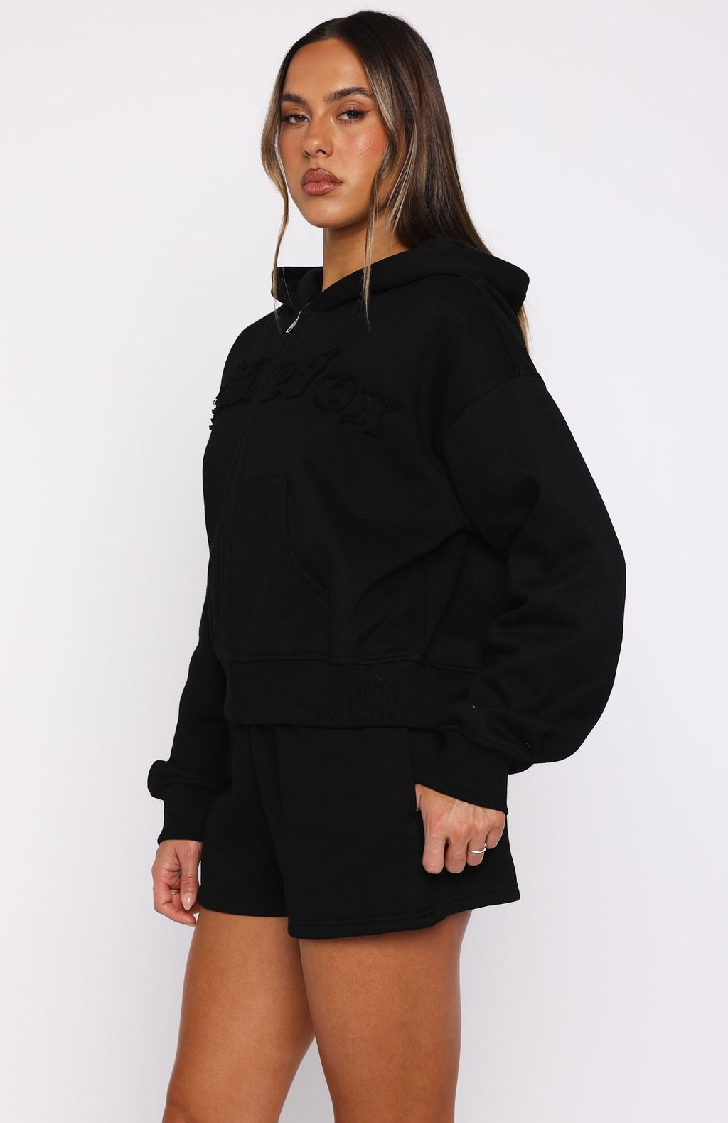 White Fox From The Archives Lexi Boxy Zip Front Hoodie Black