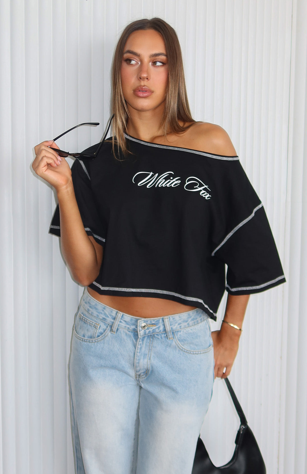 White Fox Need More Time Off Shoulder Oversized Tee Black