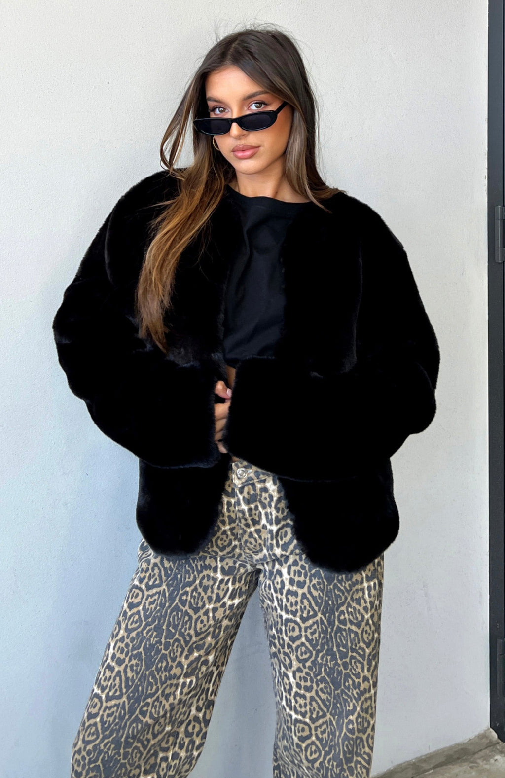 White Fox Happy Holidays Faux Fur Jacket Black