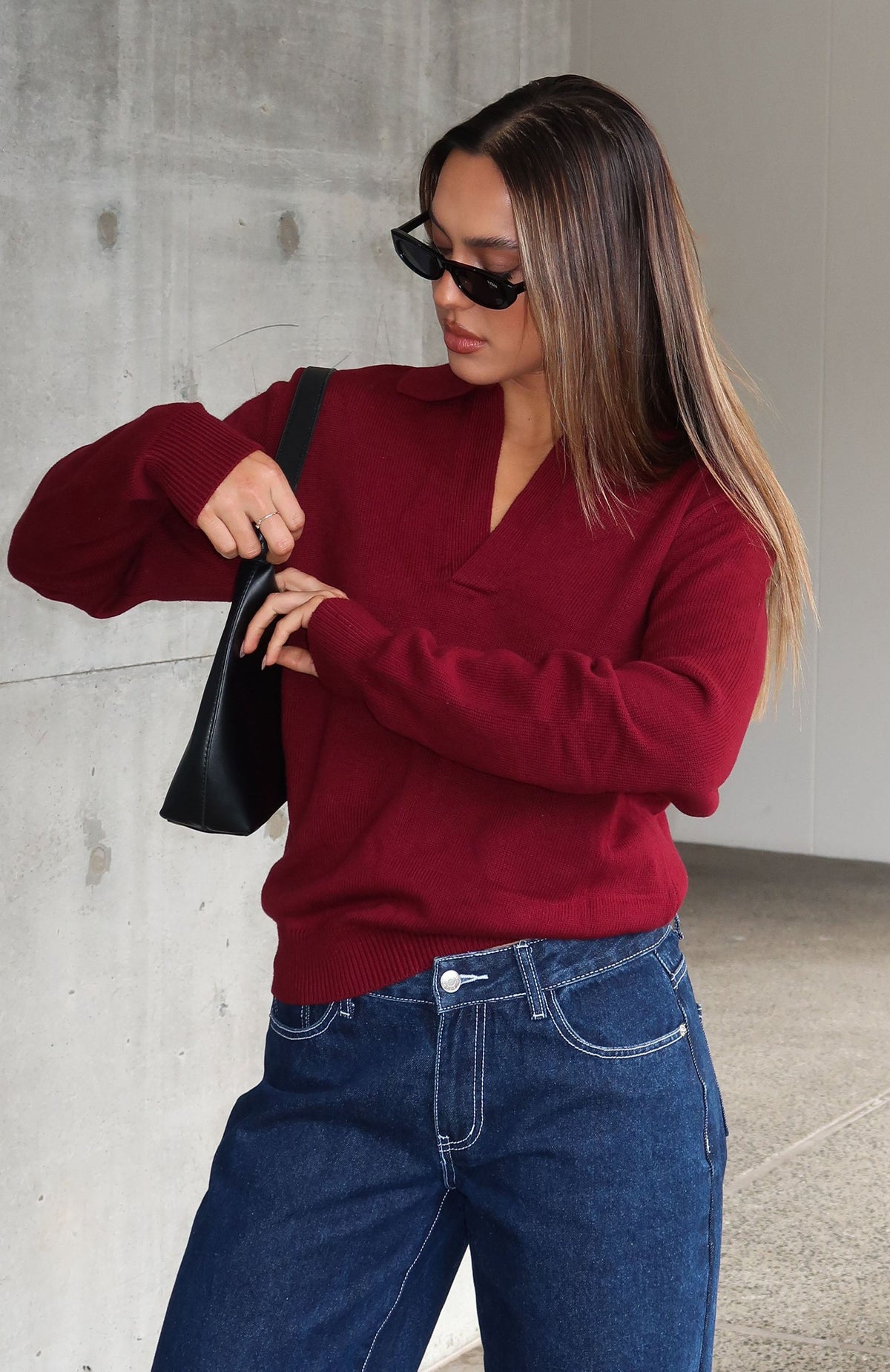 White Fox Must Be You Knitted Polo Sweater Burgundy
