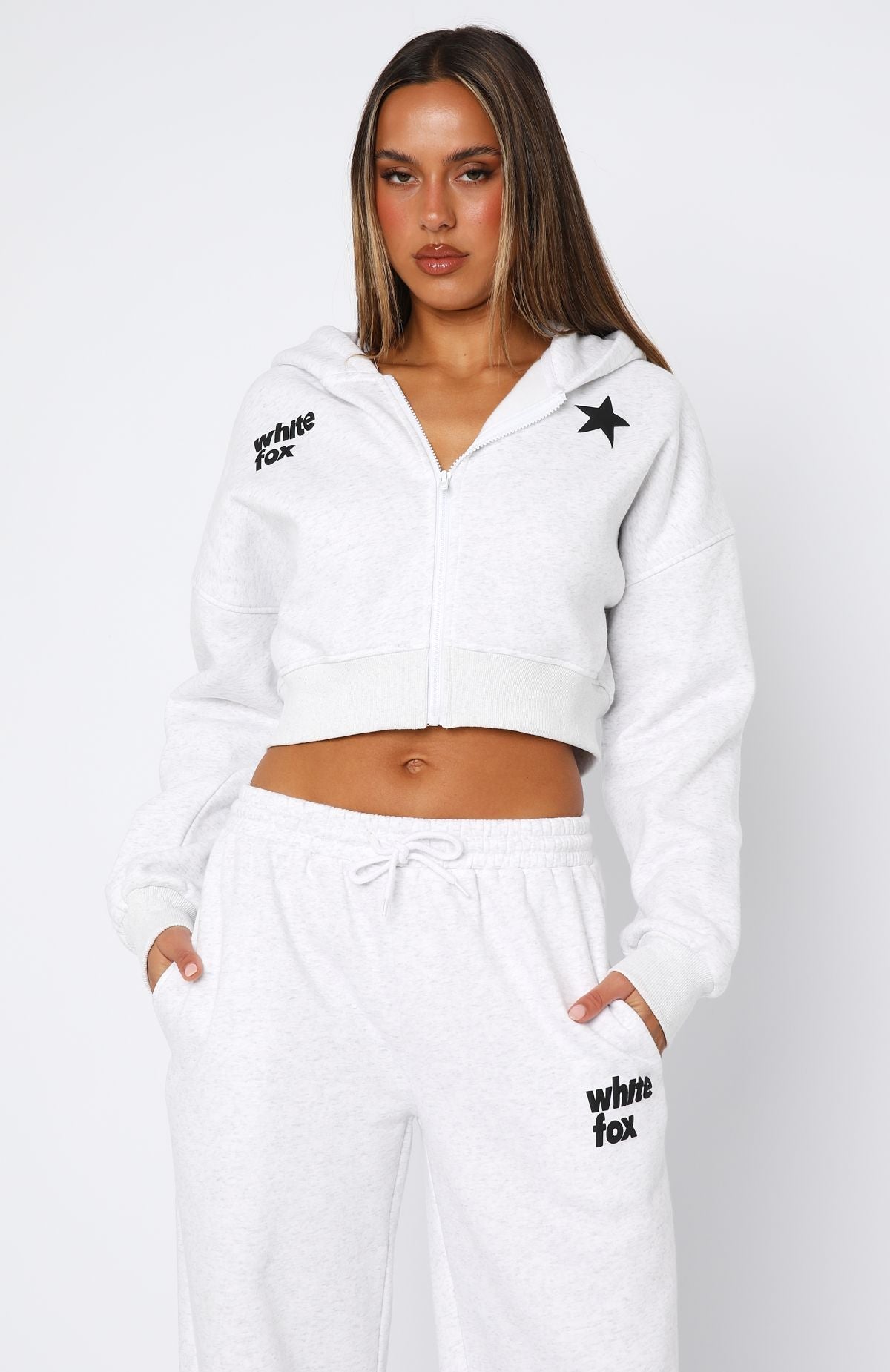 White Fox From The Archives Charli Cropped Zip Front Hoodie Grey Marle