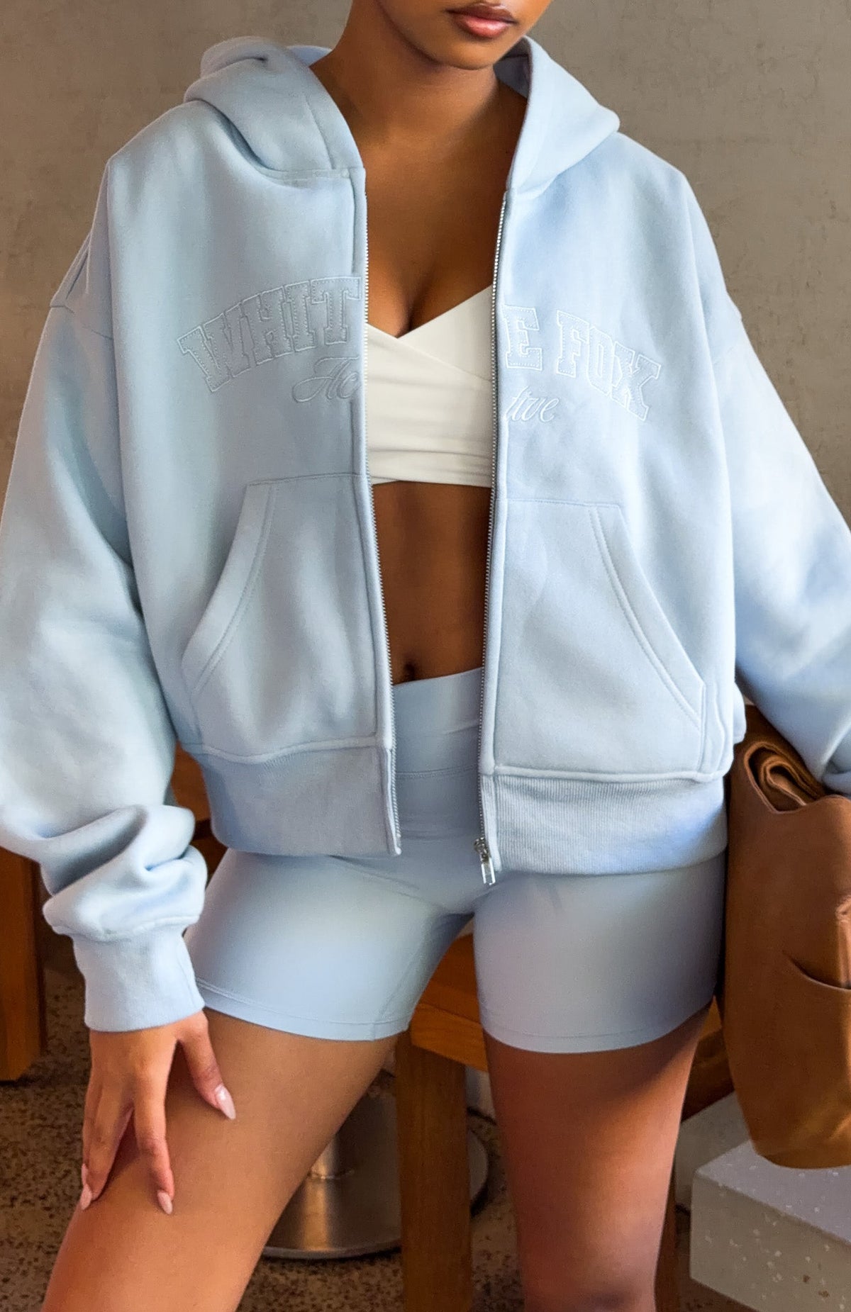 White Fox Quiet Hour Boxy Zip Front Hoodie Icy Blue