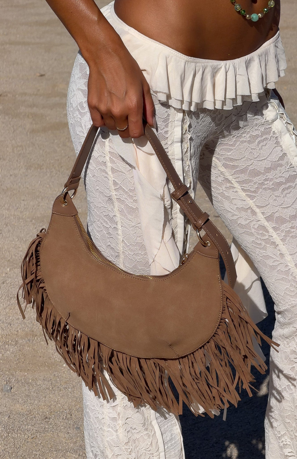 White Fox Wells Shoulder Bag Taupe Faux Suede