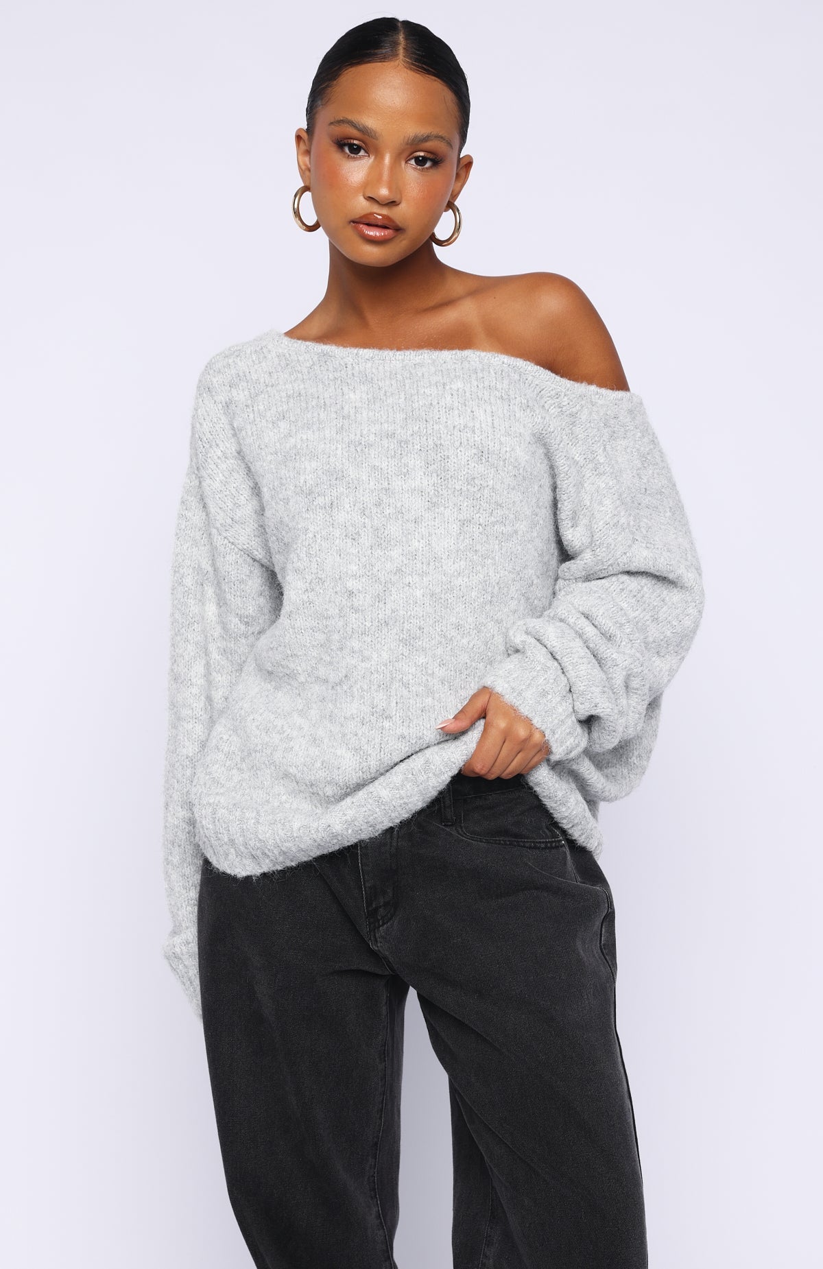 White Fox Softer Love Knit Sweater Grey Marle