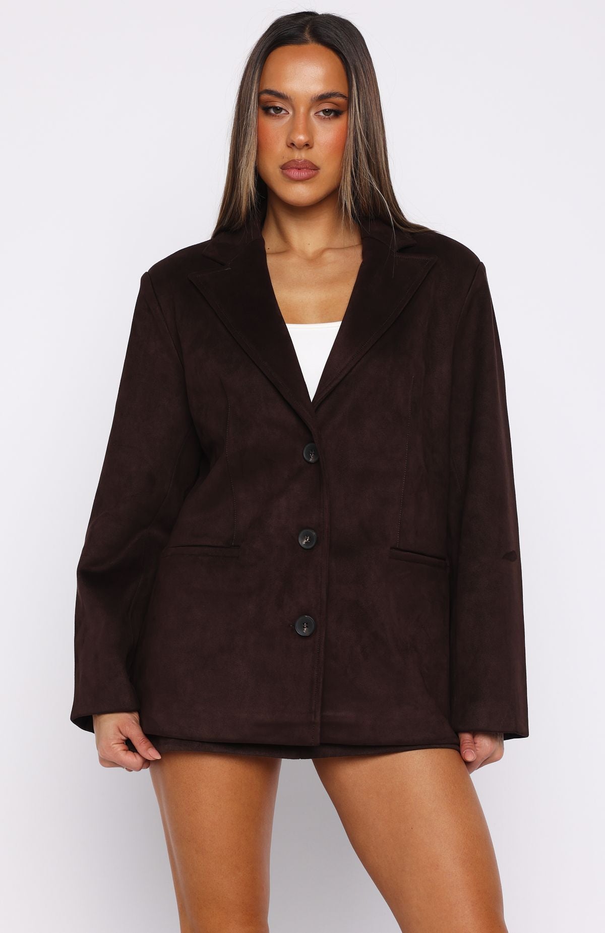 White Fox Rival Faux Suede Blazer Chocolate