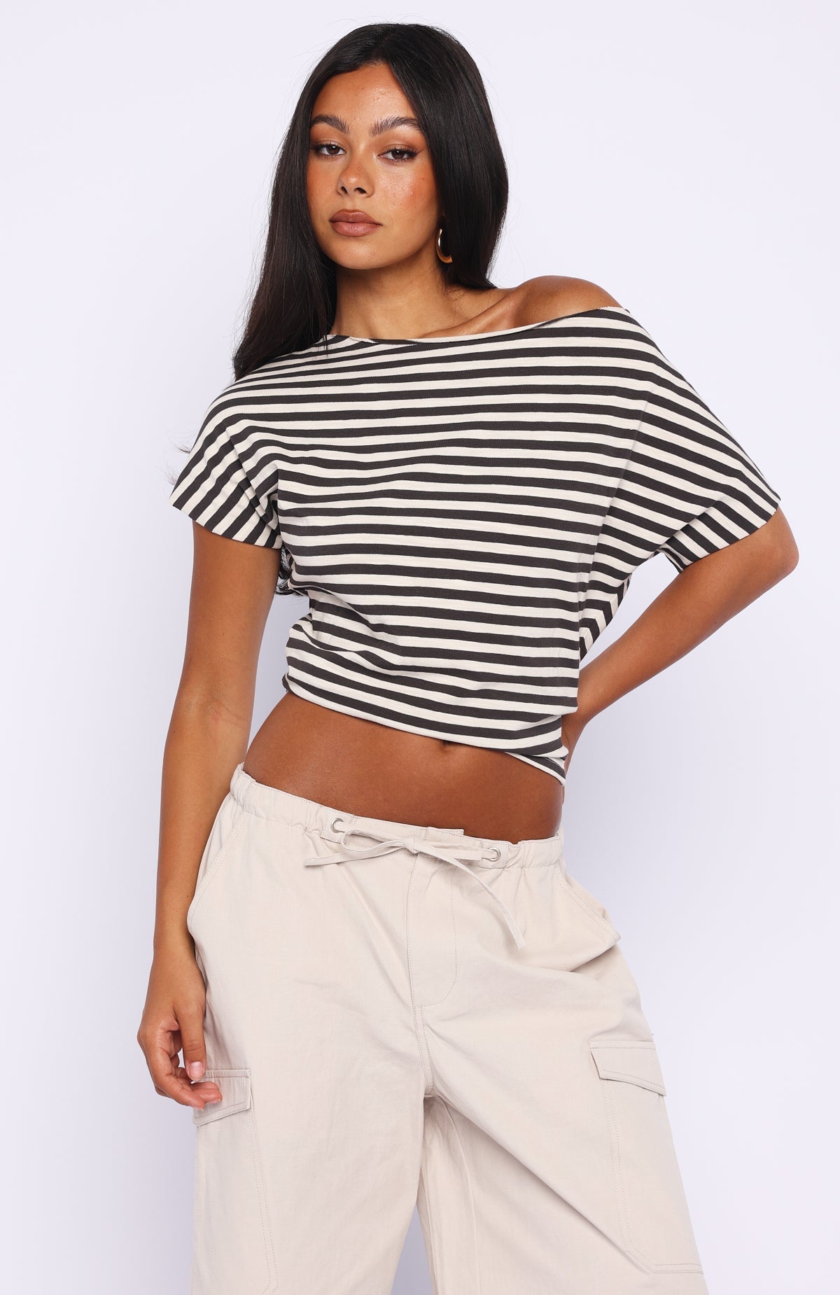 White Fox Happy To Help Cinched Waist Top Charcoal Stripe
