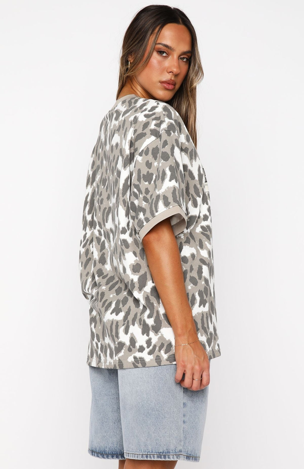 White Fox Let's Just Leave Oversized Jersey Washed Leopard Print