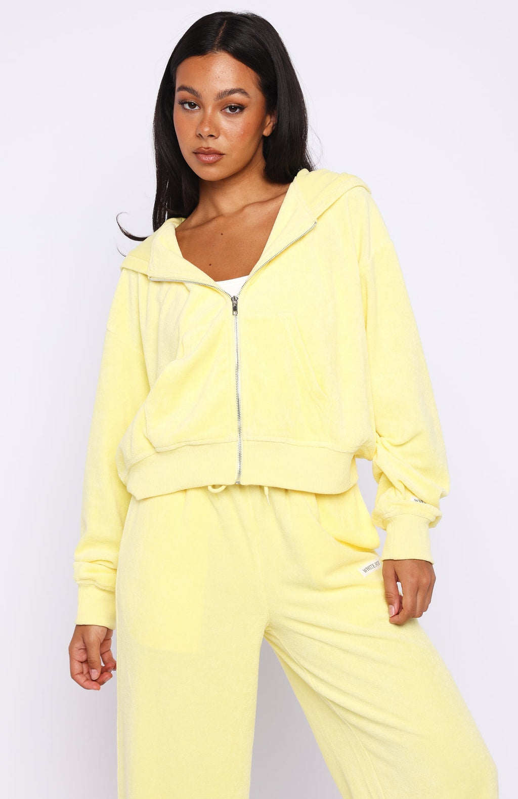 White Fox Causing Commotion Terry Boxy Zip Front Hoodie Lemon