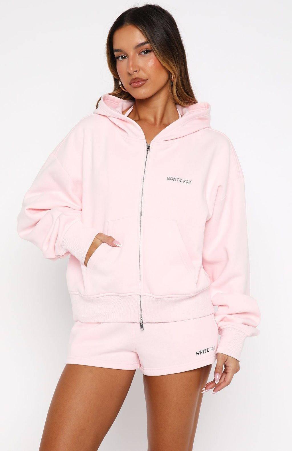 White Fox Test Drive Boxy Zip Front Hoodie Icy Pink