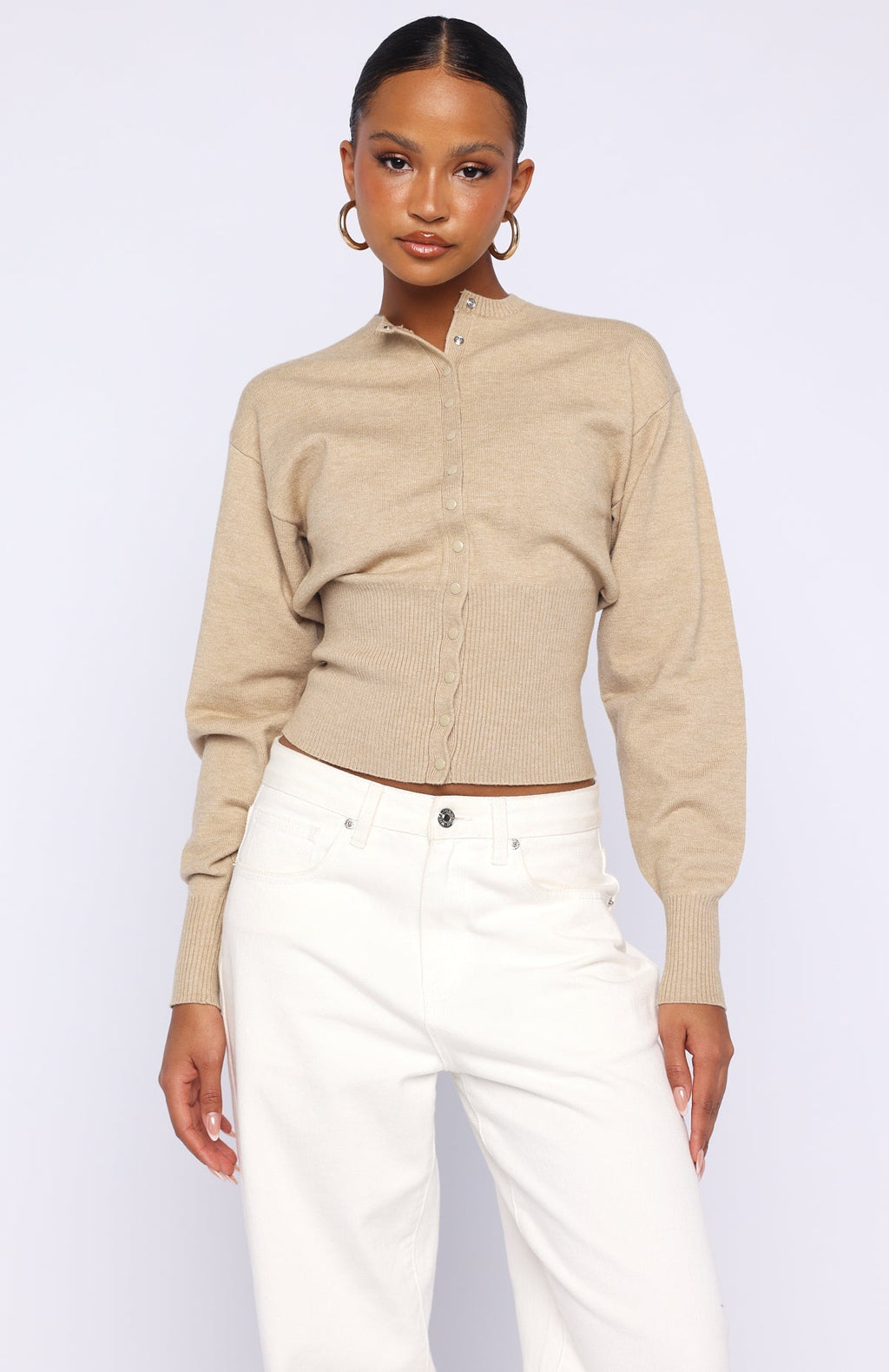 White Fox Cindy Cinched Knit Top Beige