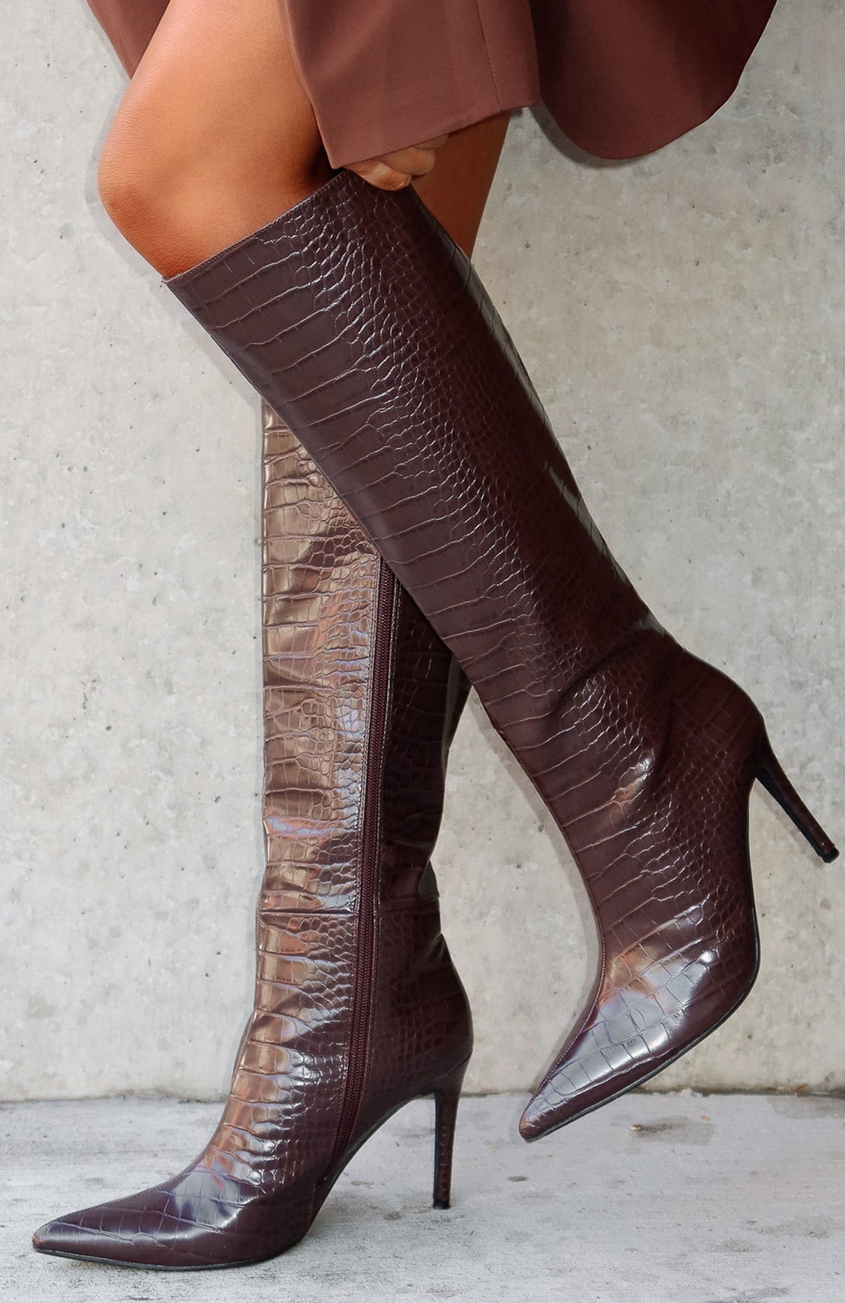 White Fox Ziggy Knee High Boots Chocolate Croc