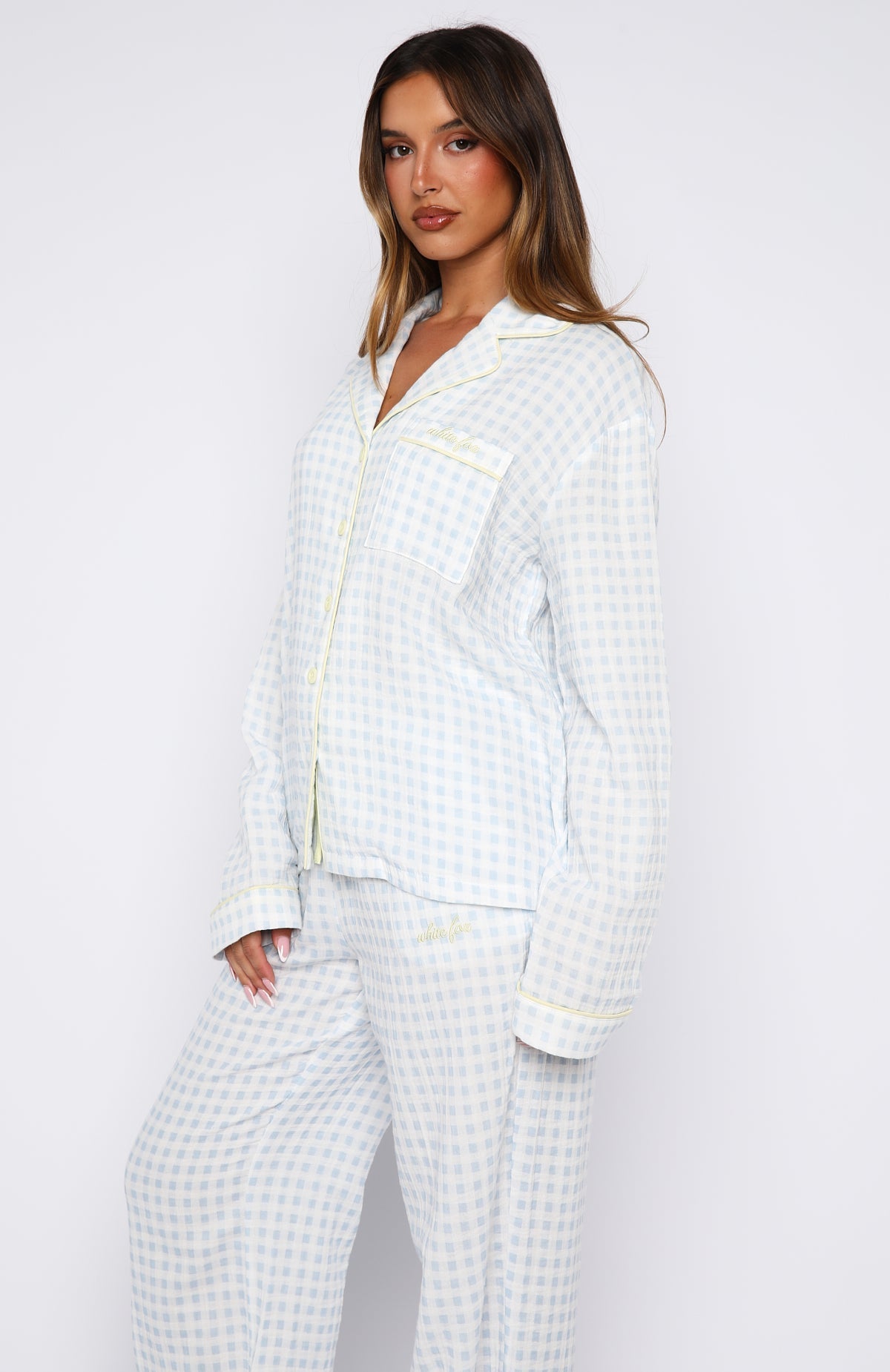 White Fox She's Got This Long Sleeve Pyjama Top Sky Blue Gingham