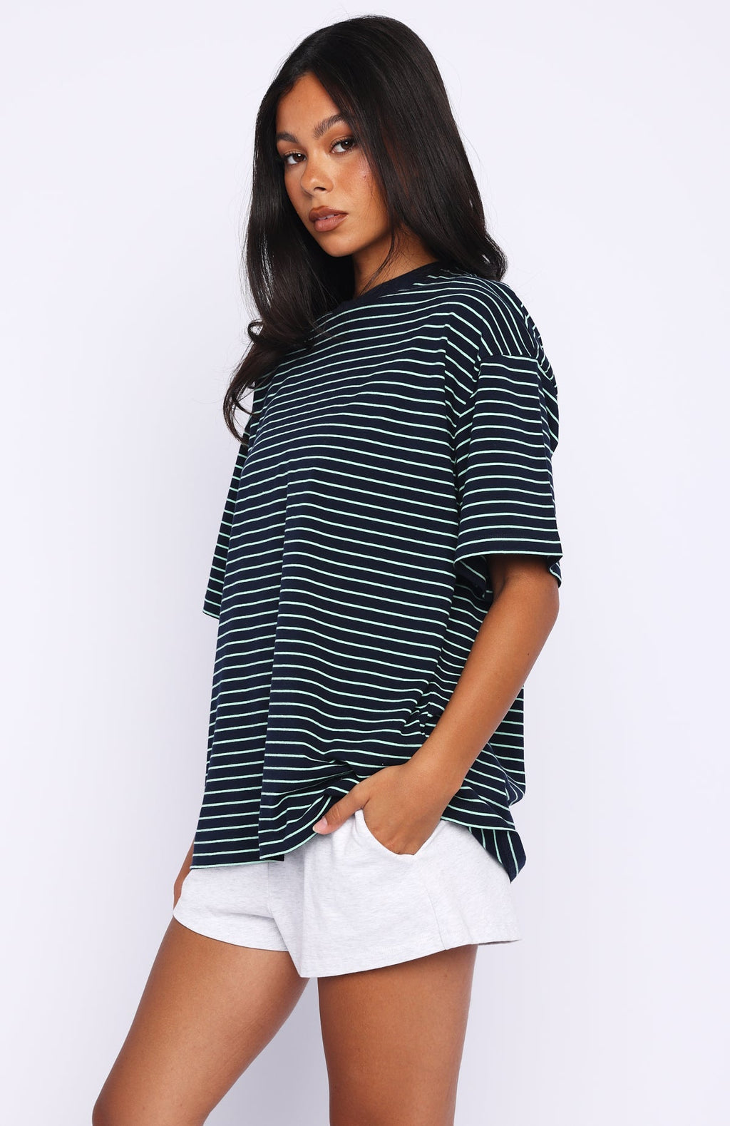White Fox Touchdown Oversized Tee Navy/Mint Stripe