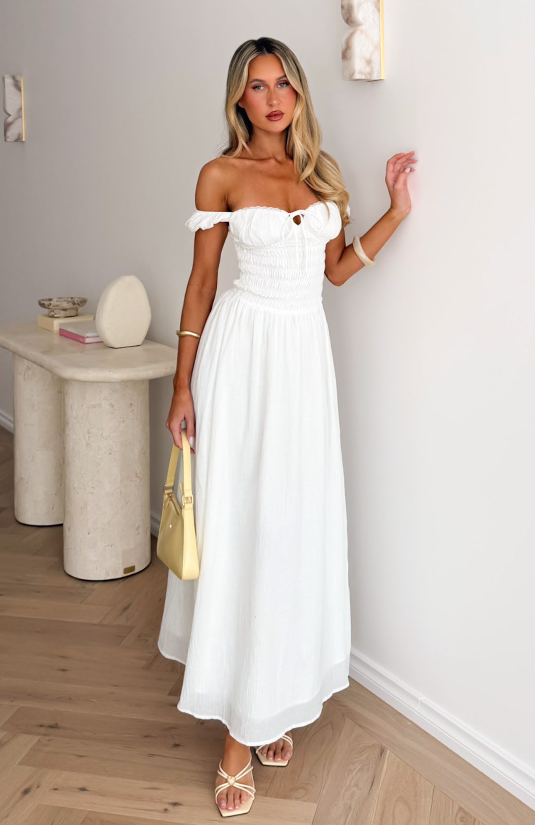 White Fox High Views Off Shoulder Maxi Dress White
