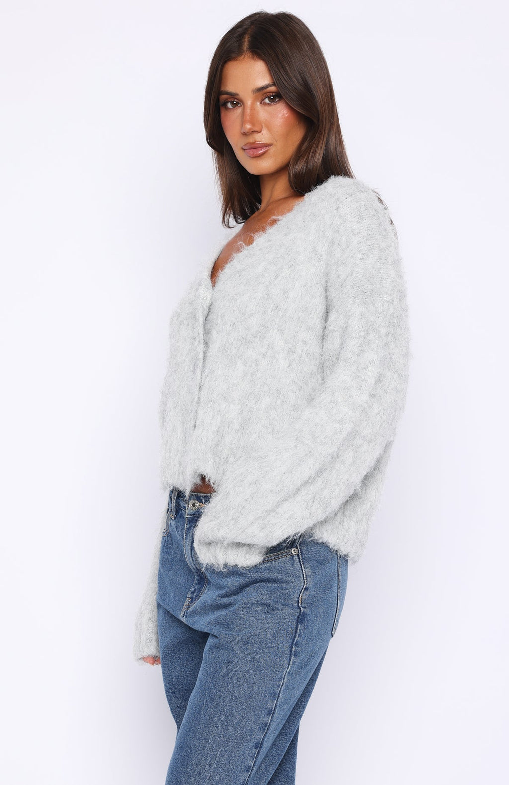 White Fox Cozy Vibes Knit Cardigan Grey Marle