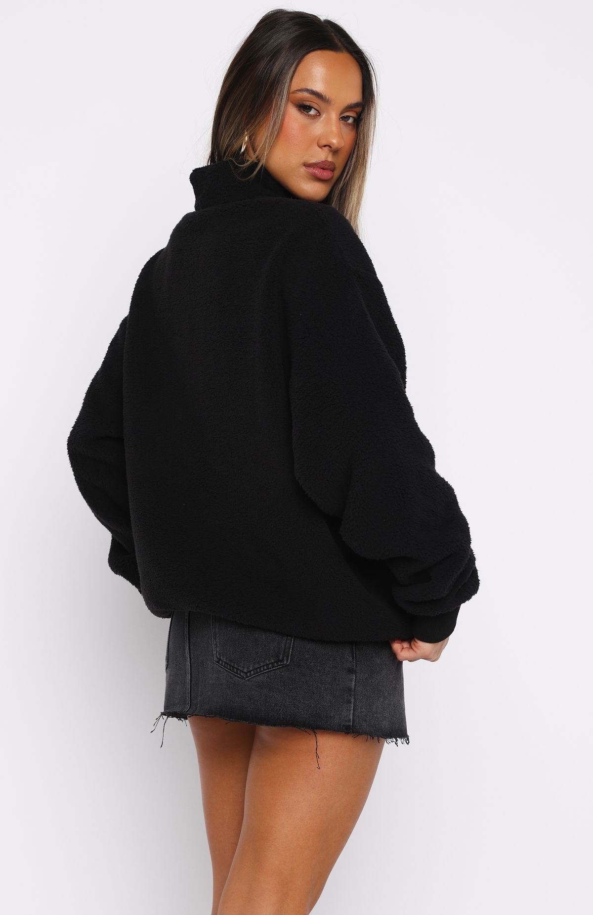 White Fox Hard To Stay Focused Teddy Borg Zip Front Sweater Black