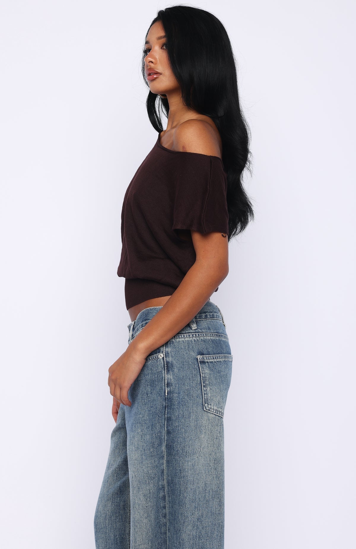 White Fox Can't Change My Mind Off Shoulder Cinched Top Chocolate