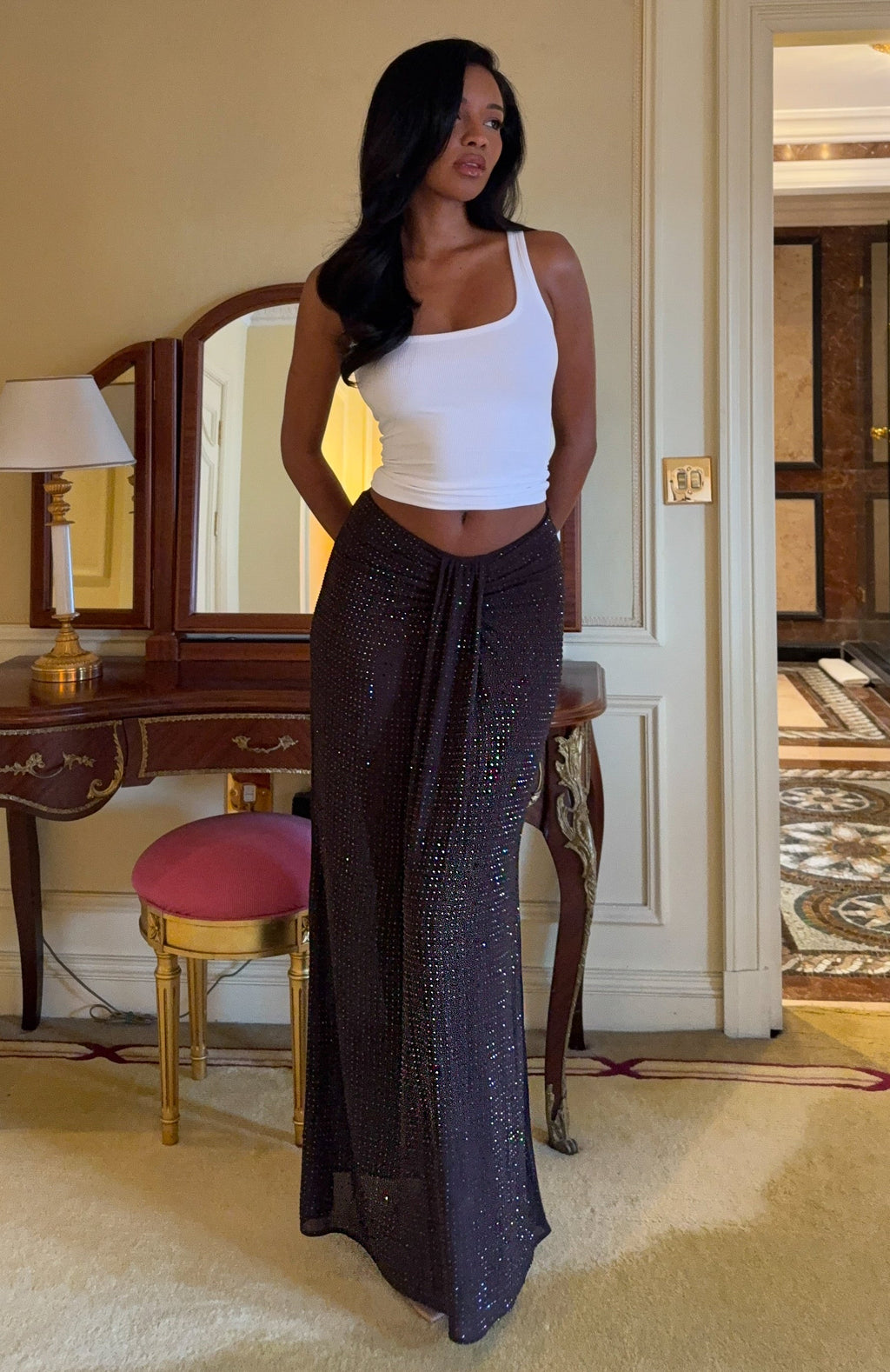 White Fox Secret Kisses Embellished Maxi Skirt Chocolate