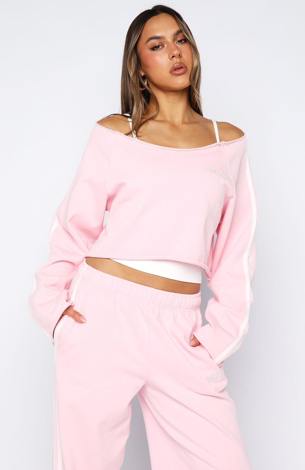 White Fox Star Student Cropped Off Shoulder Sweater Pink