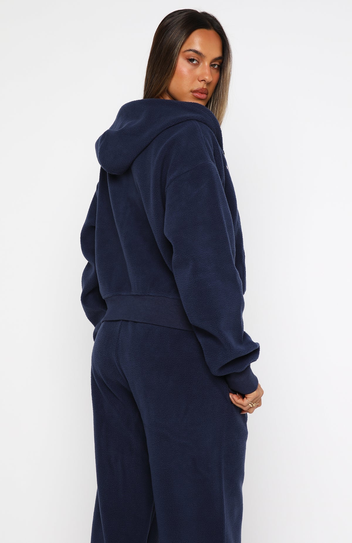 White Fox Just For Now Fleece Boxy Zip Front Hoodie Navy