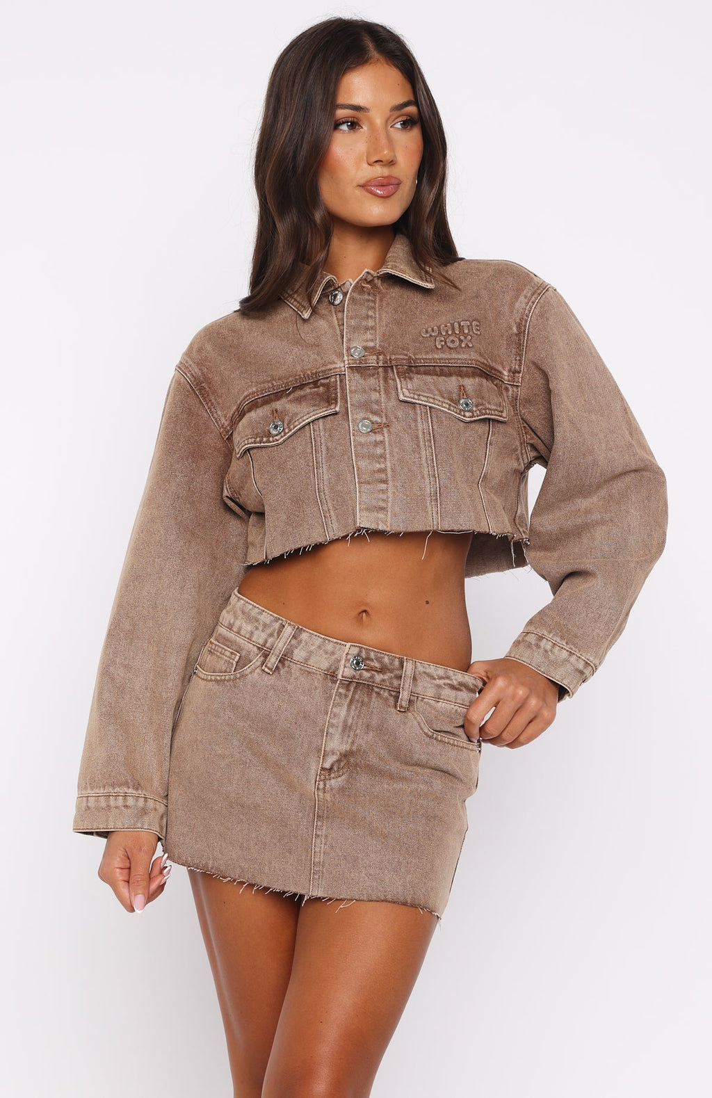 White Fox Something To Prove Denim Mini Skirt Tan Wash