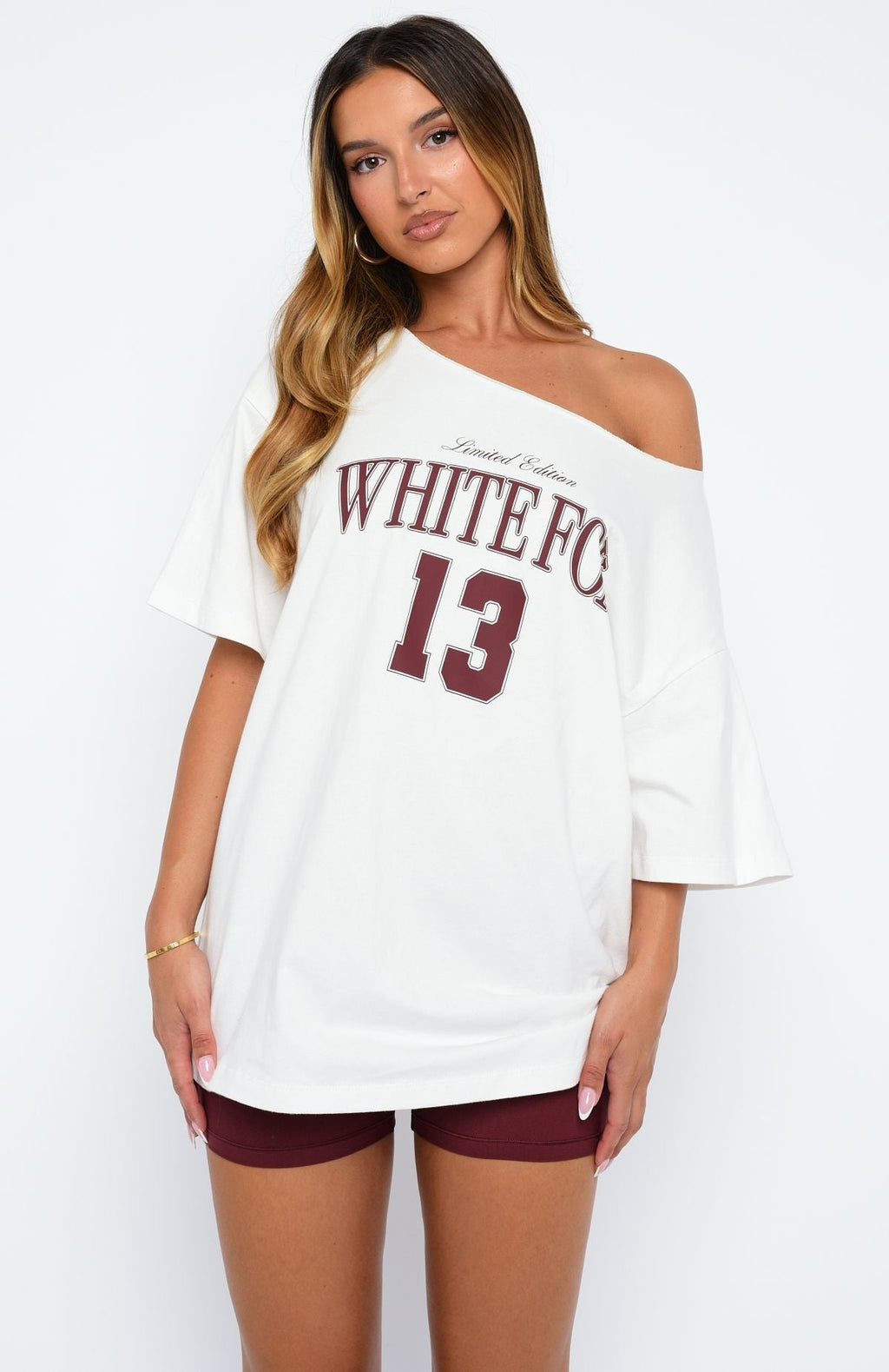 White Fox Everything In Time Off Shoulder Oversized Tee White