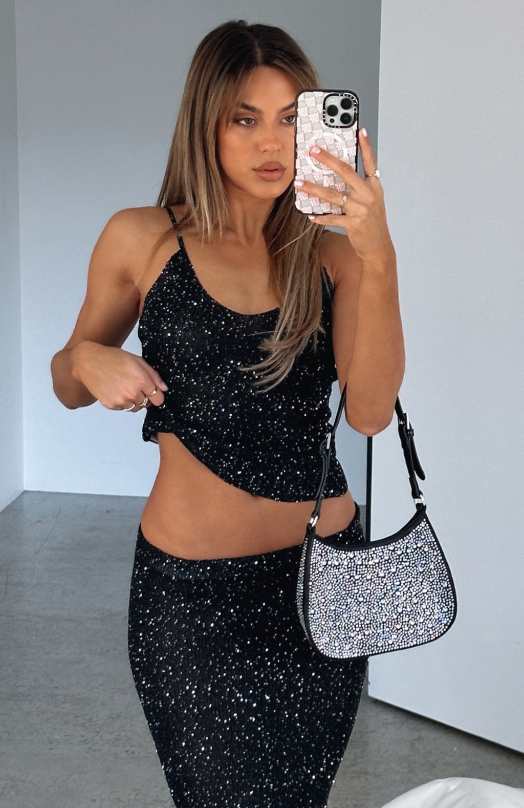 White Fox Love Galore Sequin Knit Top Black