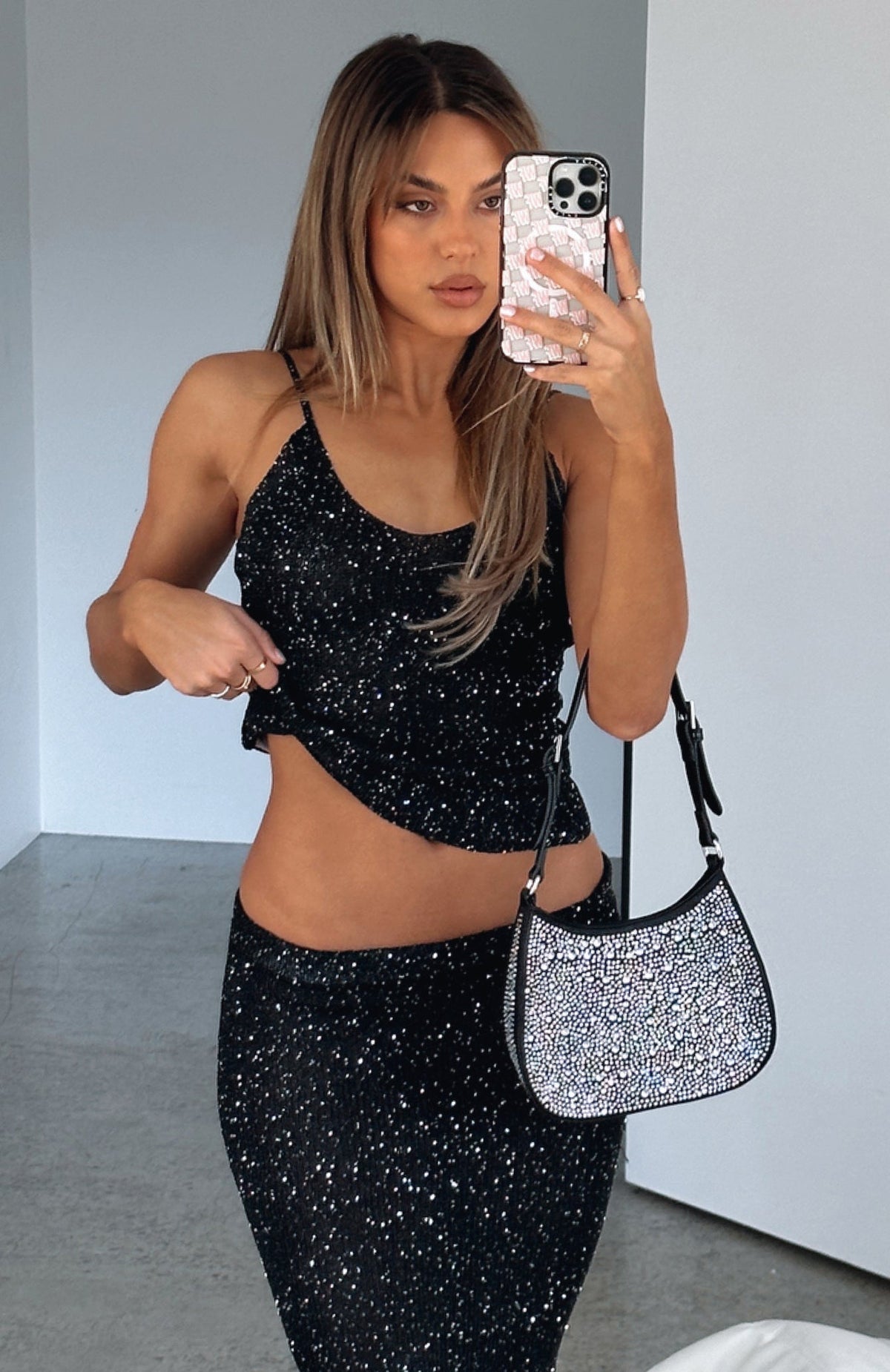 White Fox Love Galore Sequin Knit Top Black