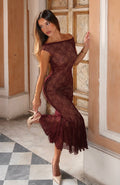 White Fox Defied The Odds Off Shoulder Lace Maxi Dress Wine