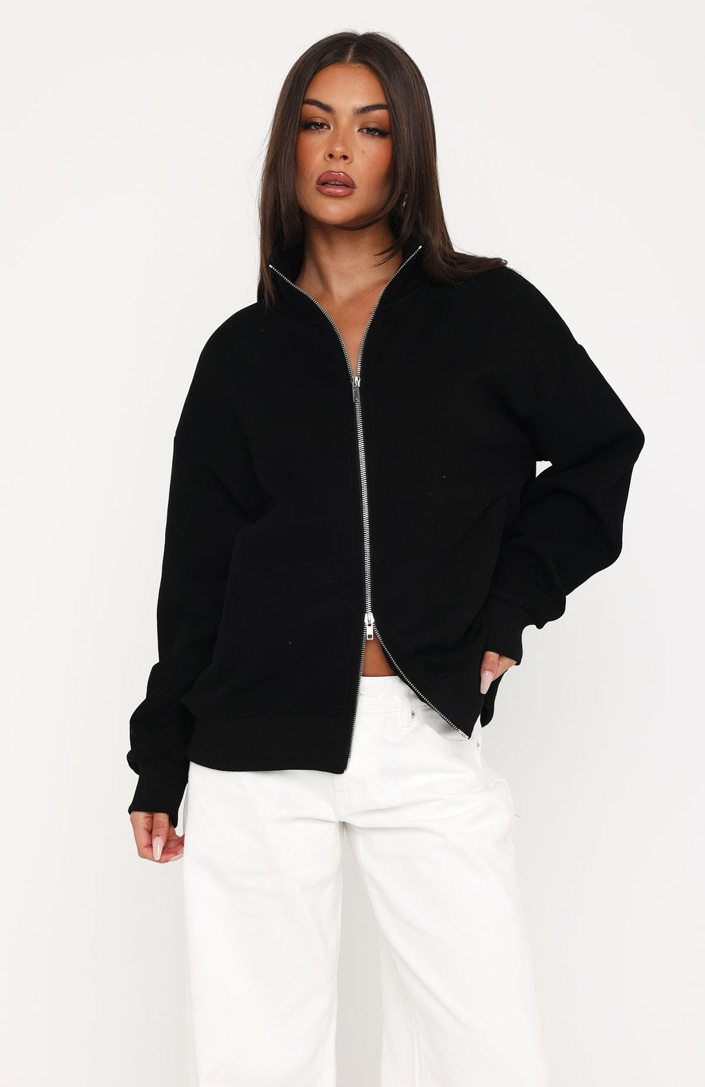 White Fox Such A Dream Oversized Zip Front Funnel Neck Jacket Black