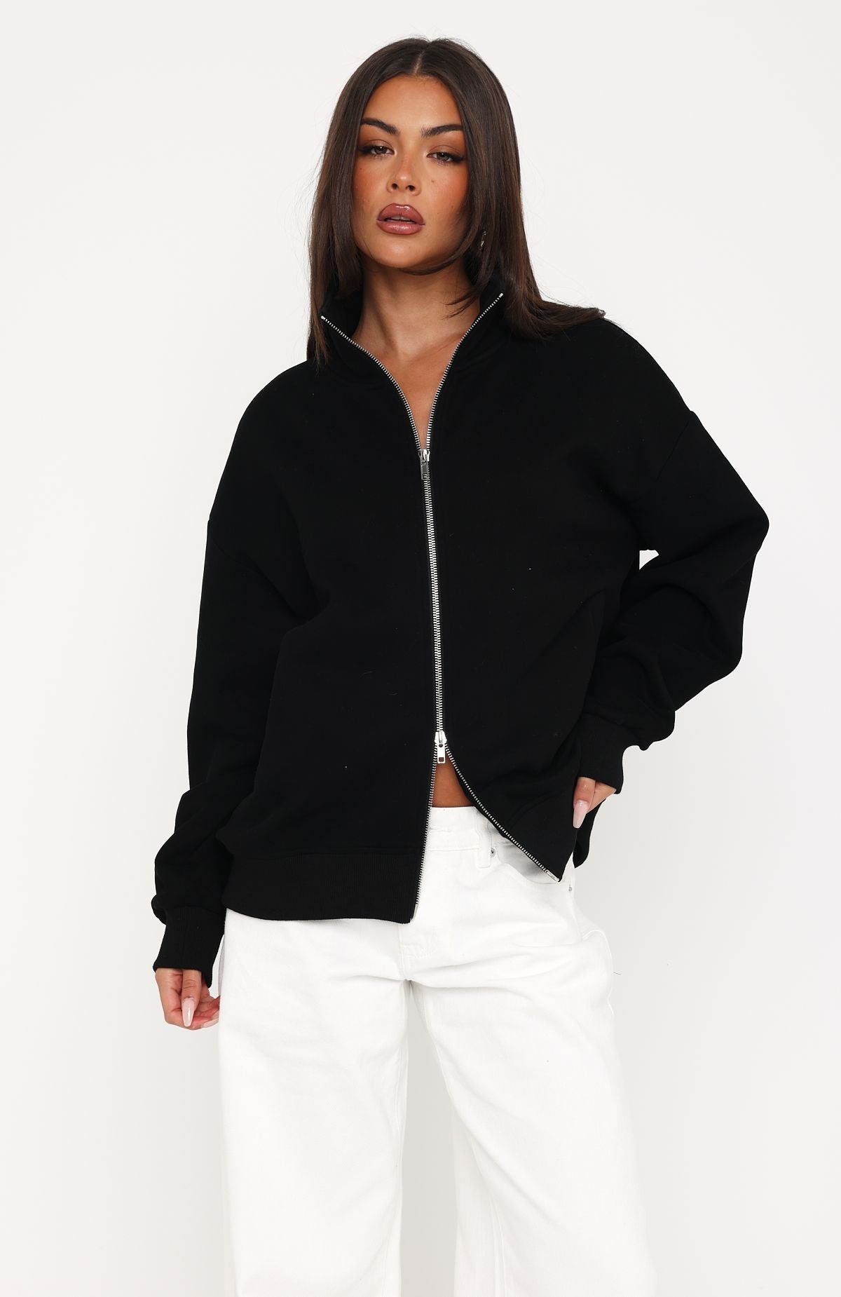 White Fox Such A Dream Oversized Zip Front Funnel Neck Jacket Black