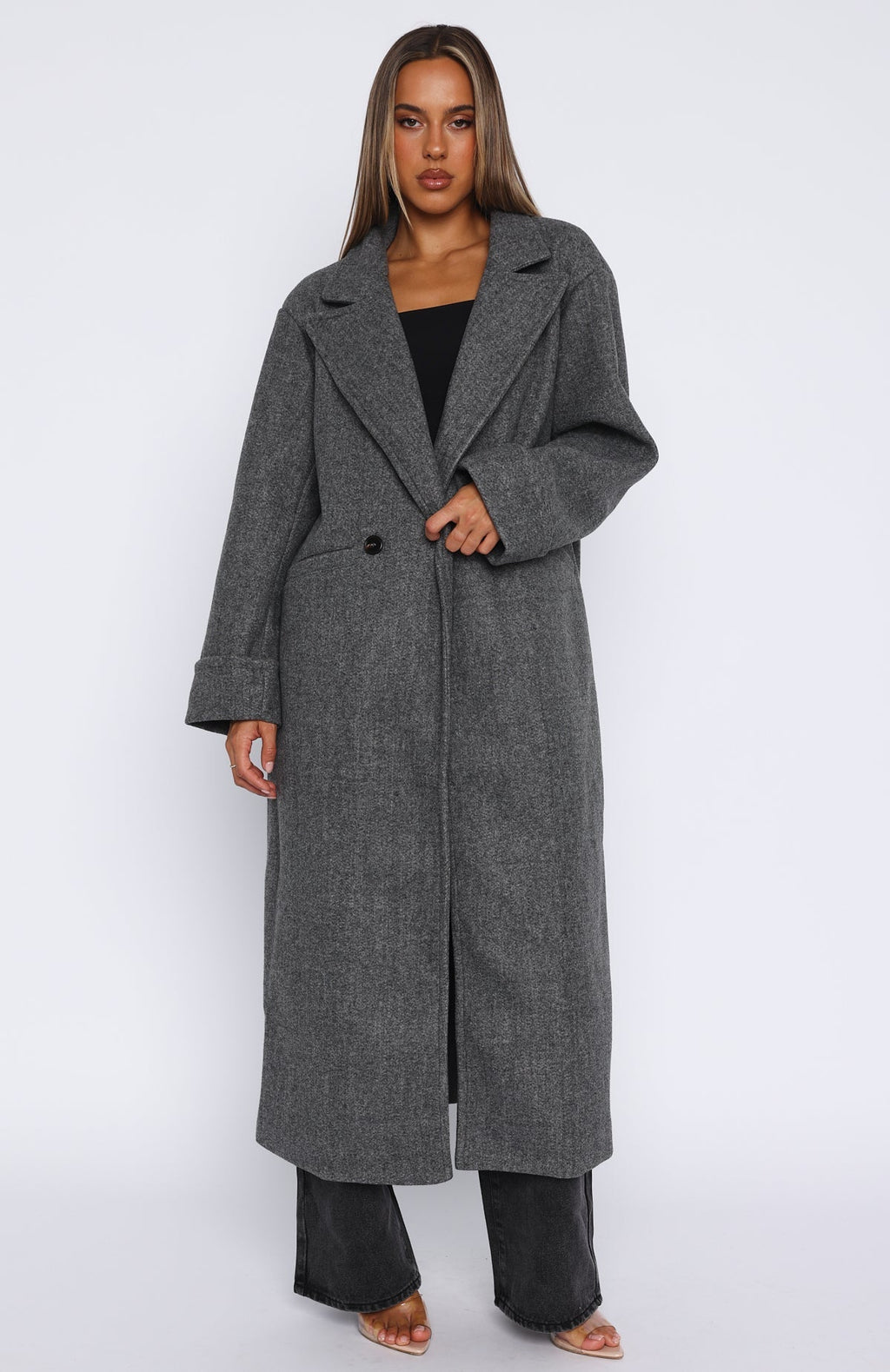 White Fox Winter Holiday Oversized Coat Charcoal
