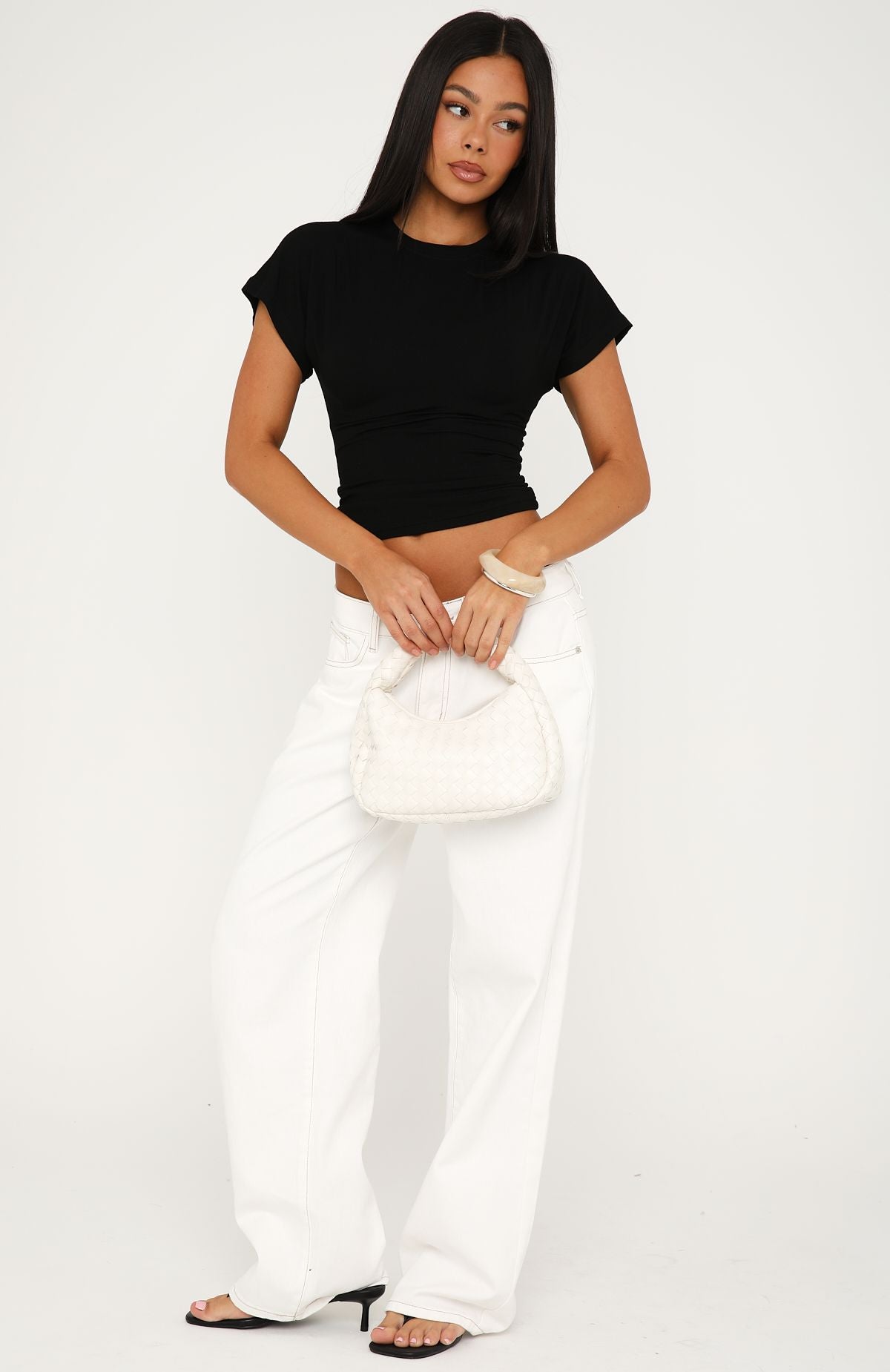 White Fox Never The Right Time Cinched Waist Short Sleeve Top Black