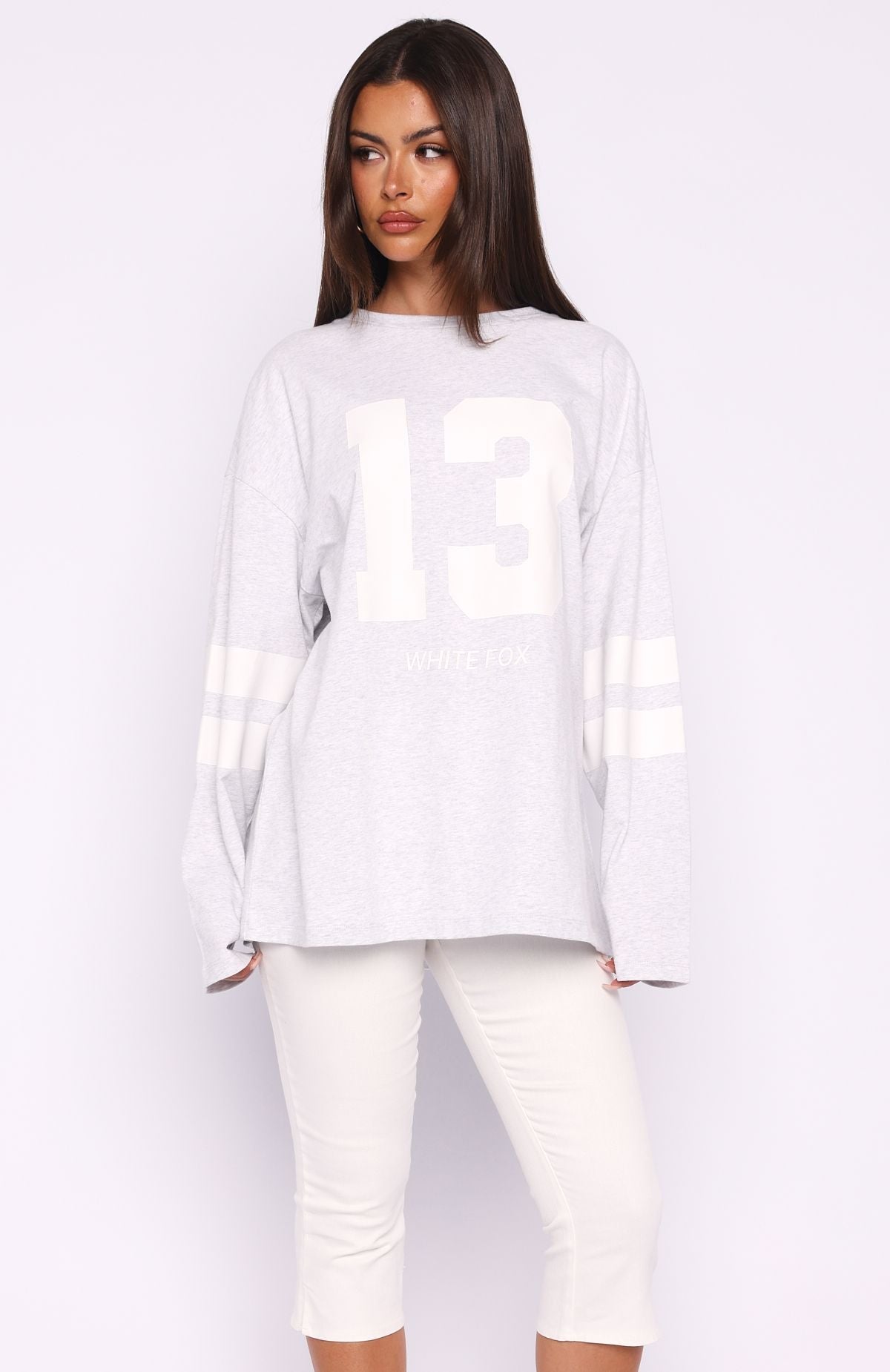 White Fox Playing Ball Oversized Long Sleeve Tee Grey Marle