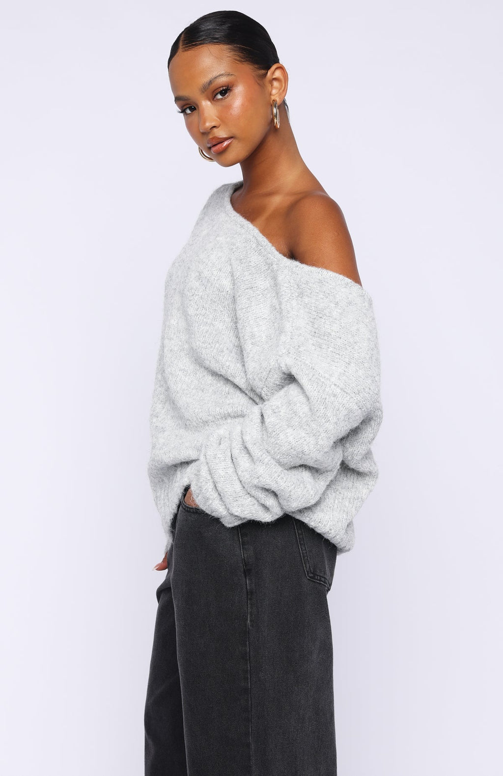 White Fox Softer Love Knit Sweater Grey Marle
