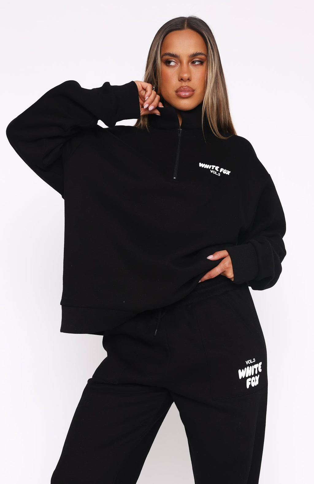 White Fox Offstage Zip Front Sweater Monochrome