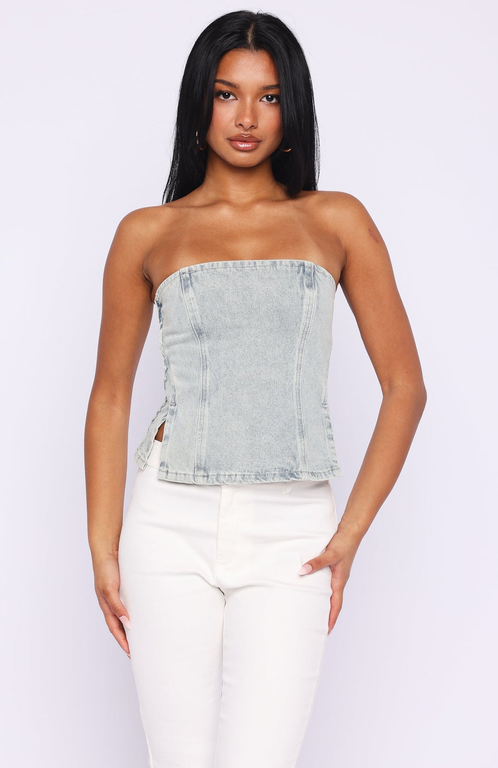 White Fox Not Listening Strapless Denim Top Light Blue Wash