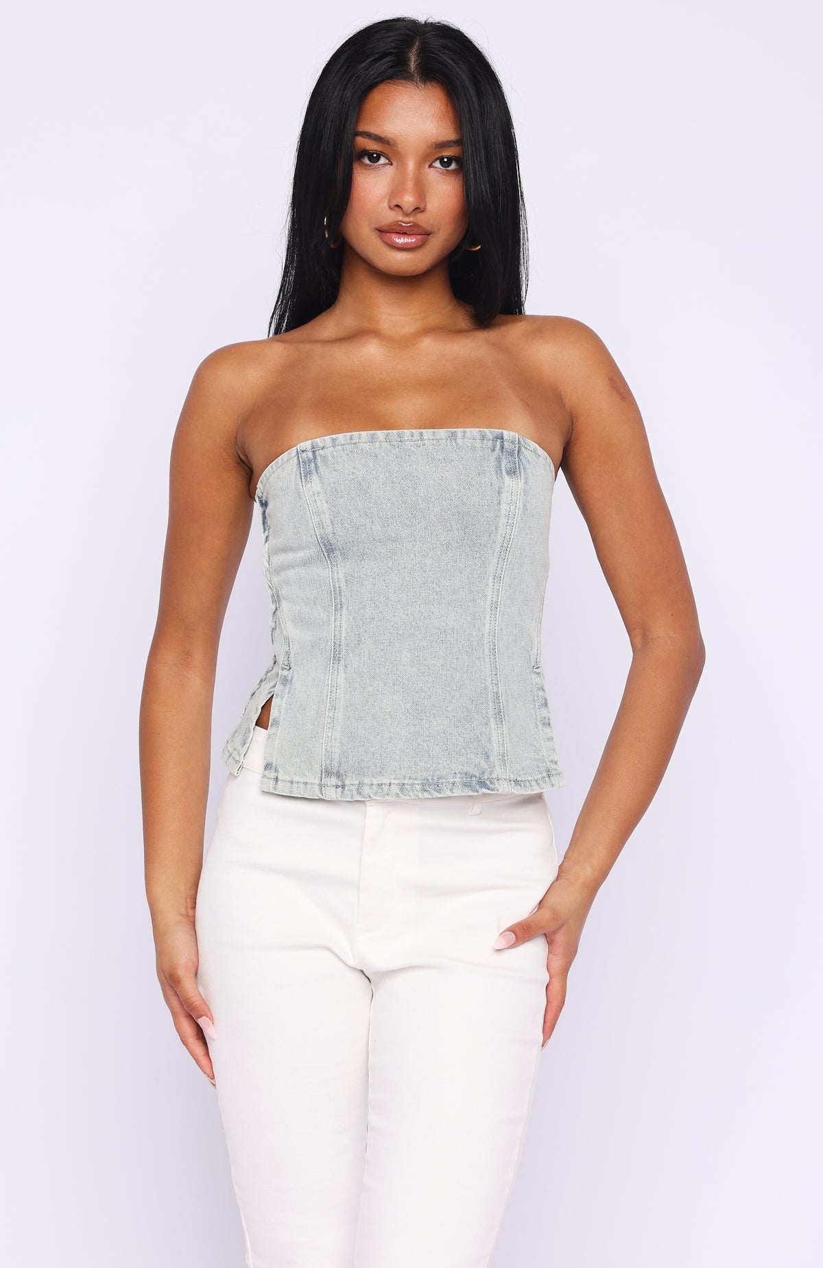 White Fox Not Listening Strapless Denim Top Light Blue Wash