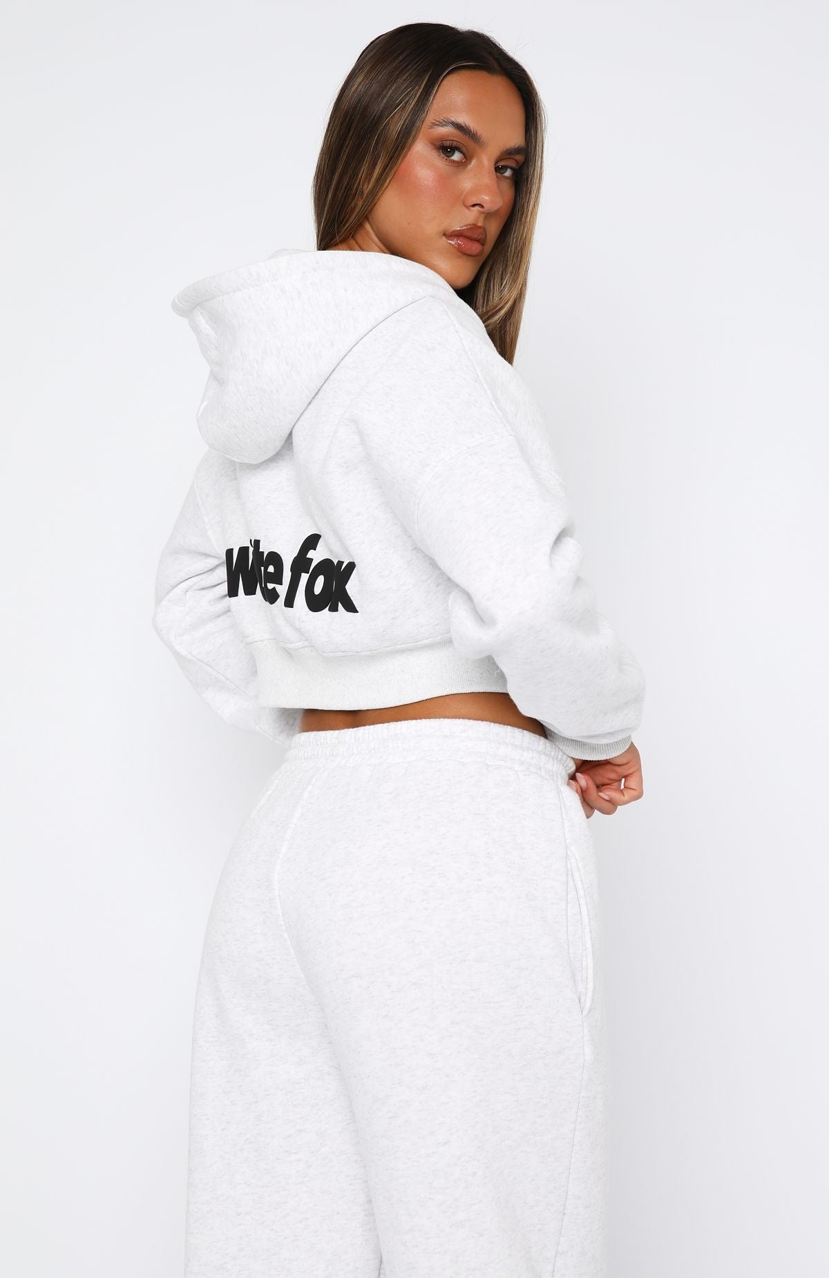 White Fox From The Archives Charli Cropped Zip Front Hoodie Grey Marle