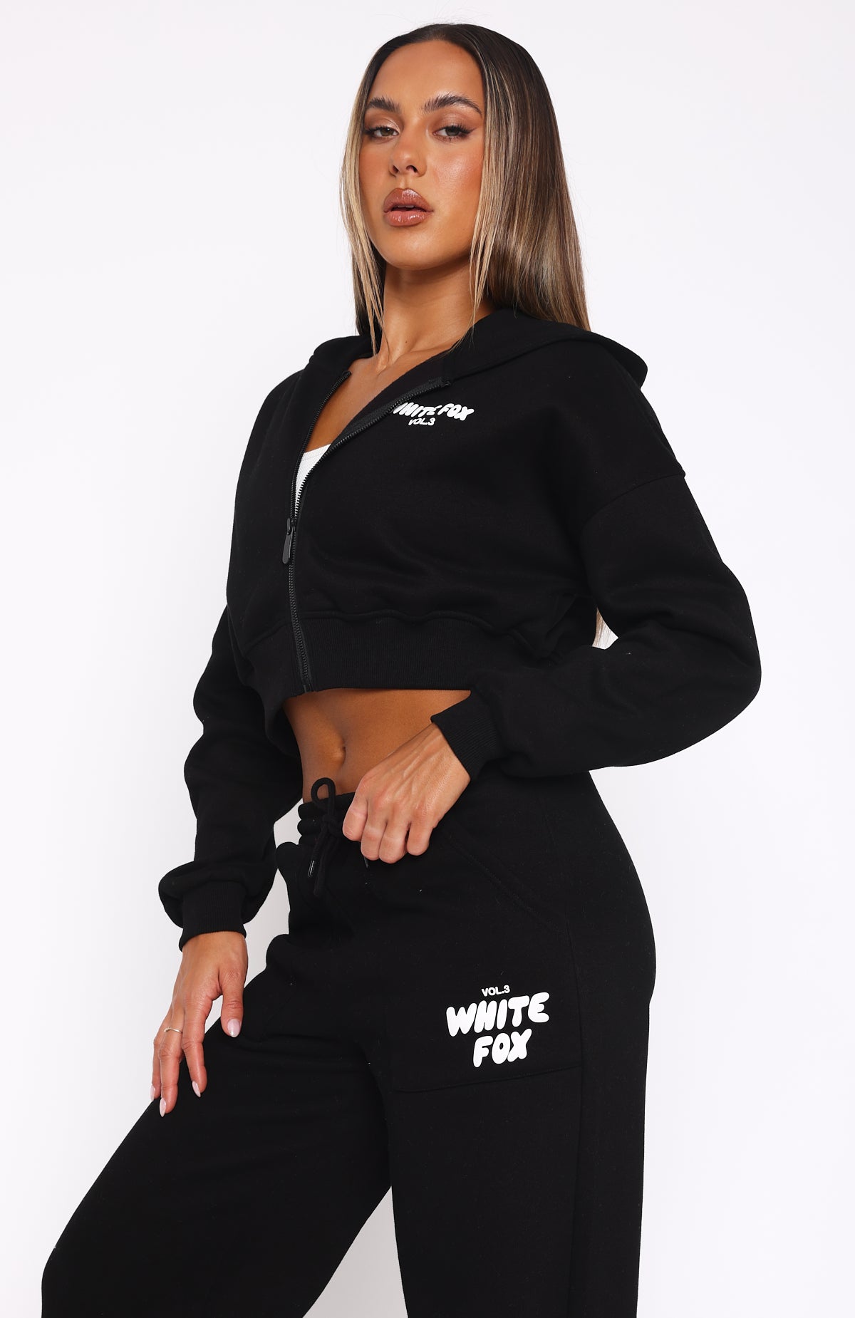White Fox Offstage Cropped Zip Hoodie Monochrome