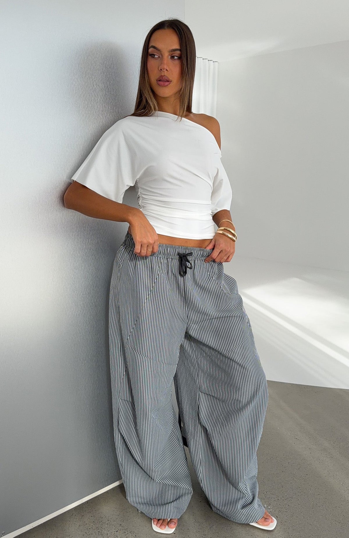 White Fox Say When Barrel Leg Pants Charcoal Stripe