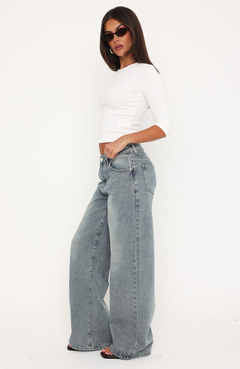White Fox Just My Type Mid Rise Wide Leg Jeans Sand Wash